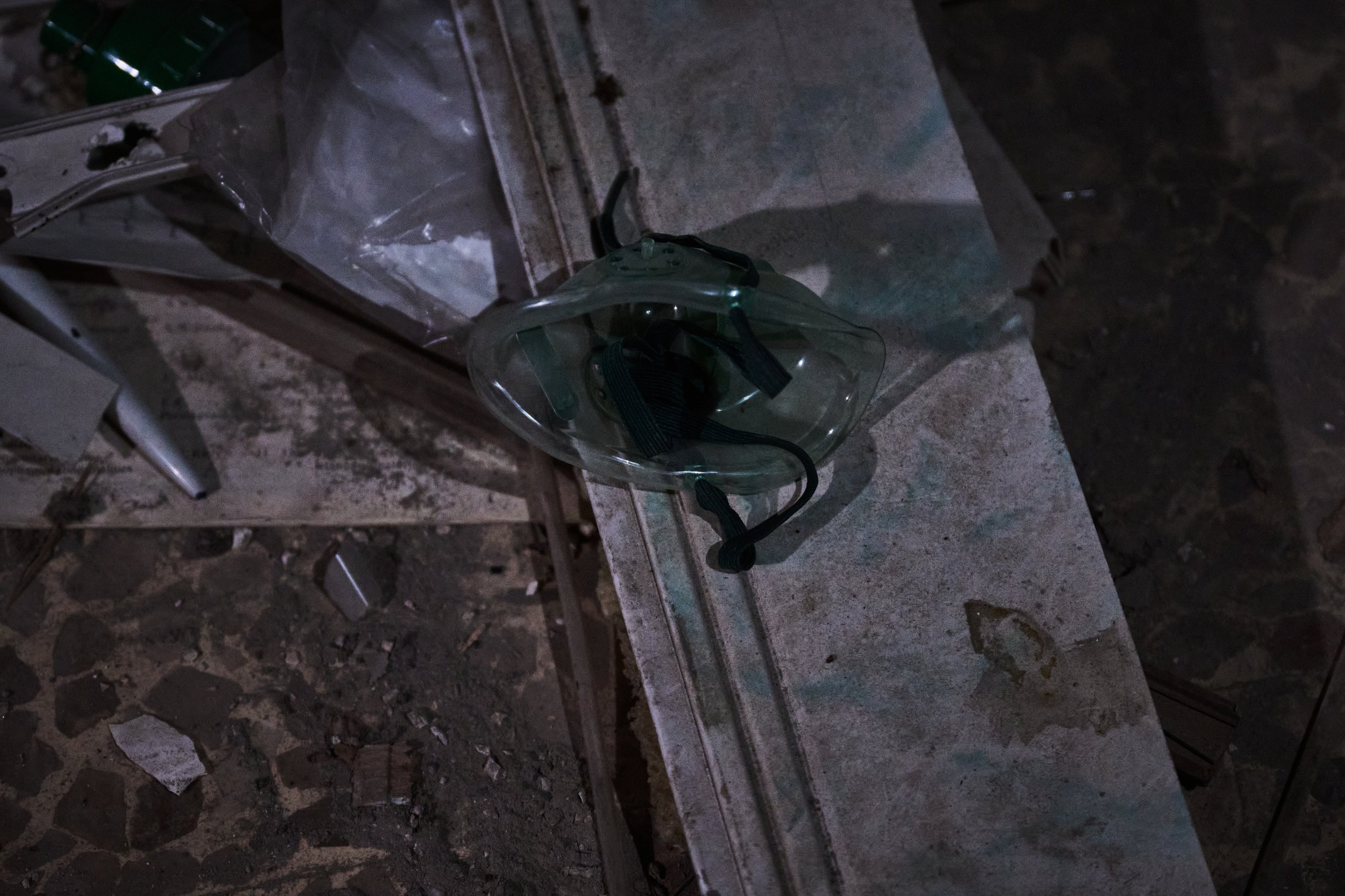 Douma, a residential neighborhood in Eastern Ghouta, is infamous for having been the target of chemical attacks against civilians on April 7, 2018. In the neighborhood’s underground hospital, vials of atropine and gas masks still litter the floor—the