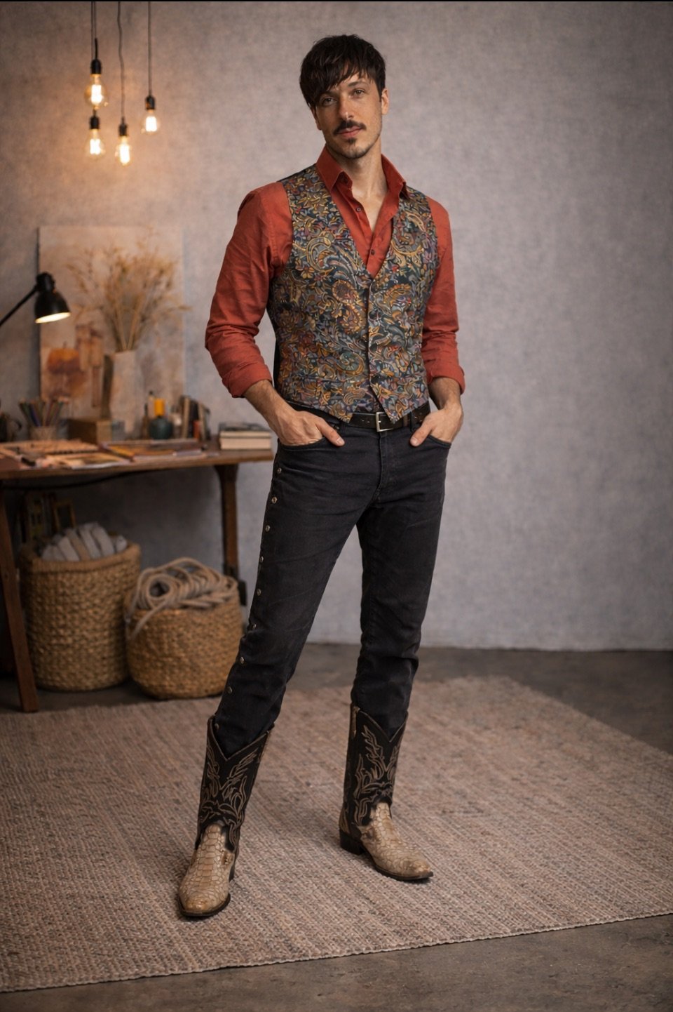 A man standing in a room with gray walls, wearing a colorful patterned vest over a red shirt, black jeans with metal buttons on the side, and cowboy boots with snakeskin pattern.