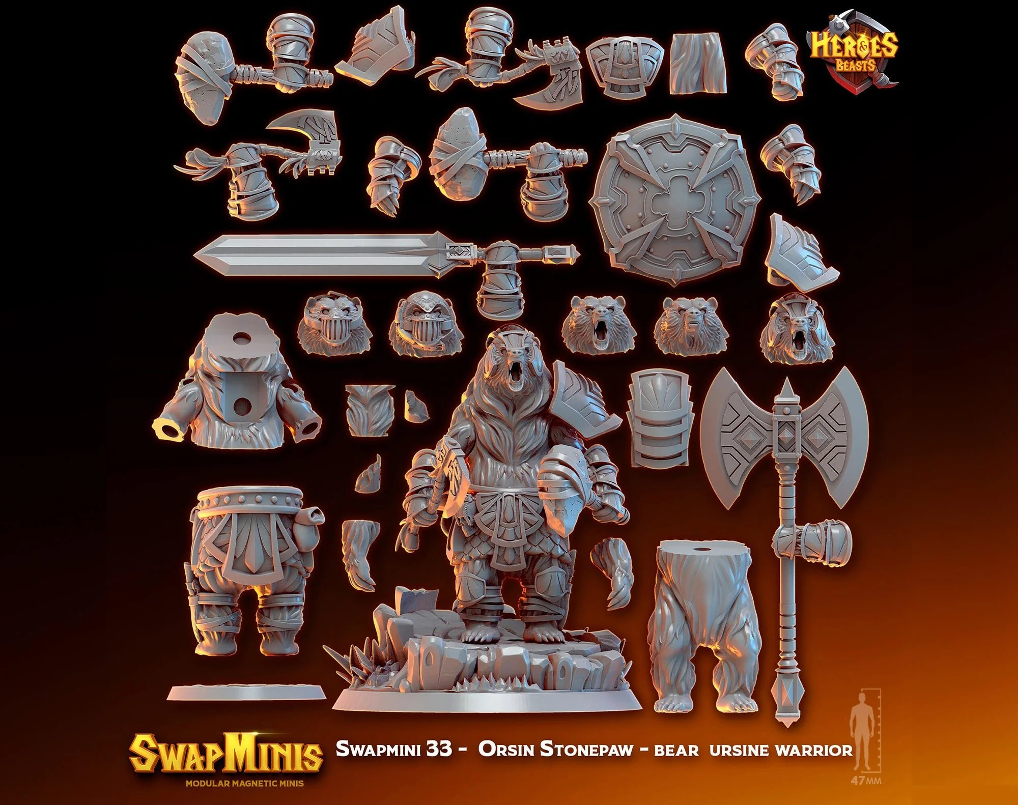 Modular RPG - Swapmini Bearfolk Warrior - Orsin Stonepaw - Bundle modular miniature