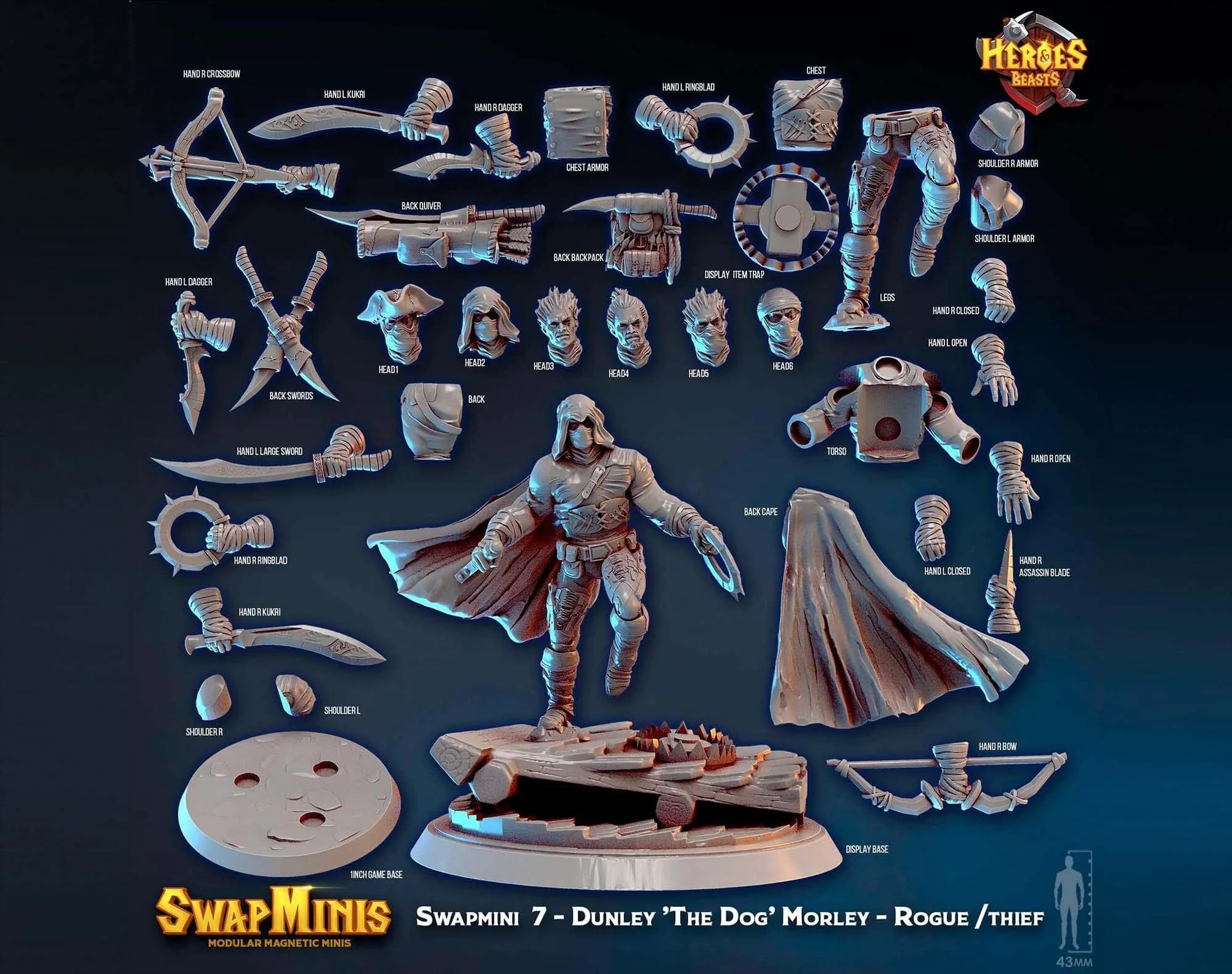Modular RPG - Swapmini Dogfolk Rogue - Dunley The Dog Morley - Bundle modular miniature