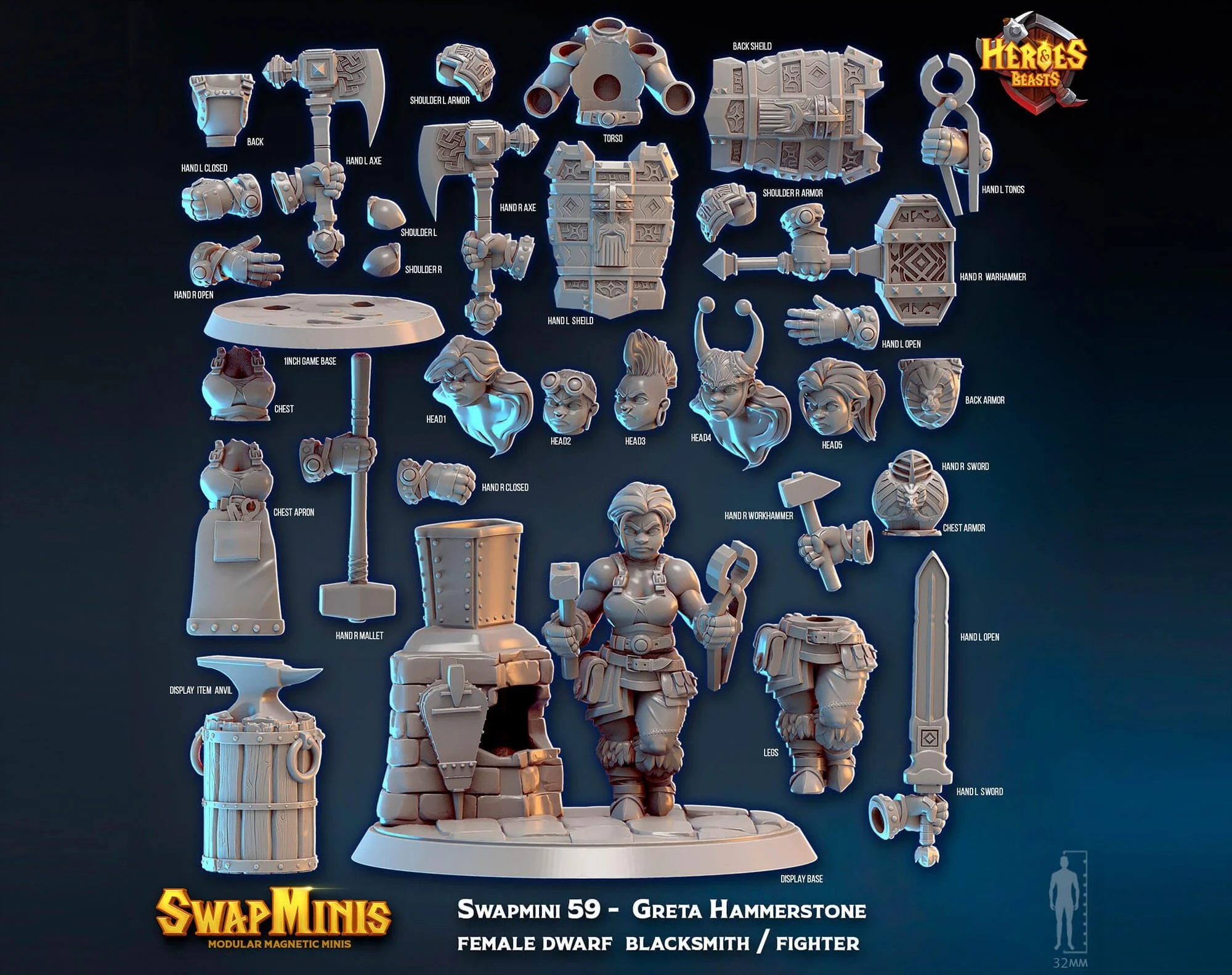 Modular RPG - Swapmini Dwarf Blacksmith - Greta - Bundle modular miniature