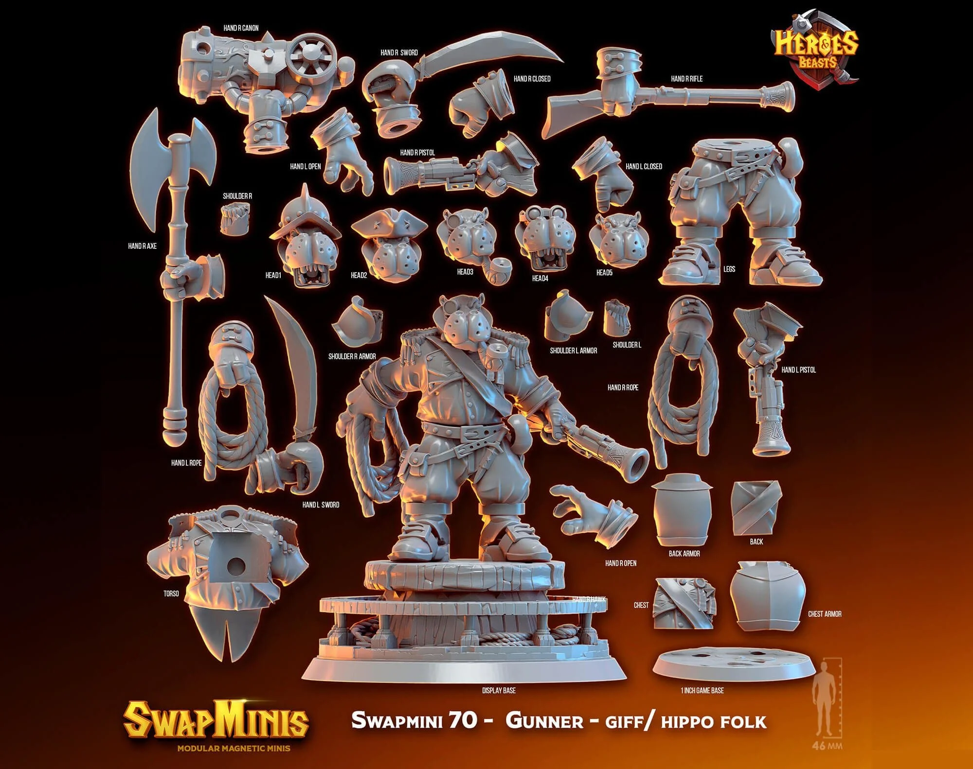 Modular RPG - Swapmini Giff Gunslinger - Gunner Stonehoof - Bundle modular miniature