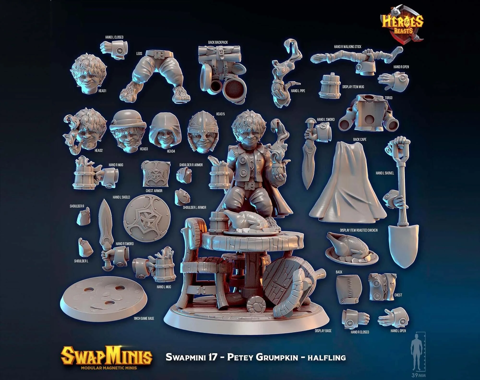Modular RPG - Swapmini Halfling Adventurer - Petey Grumpkin - Bundle modular miniature