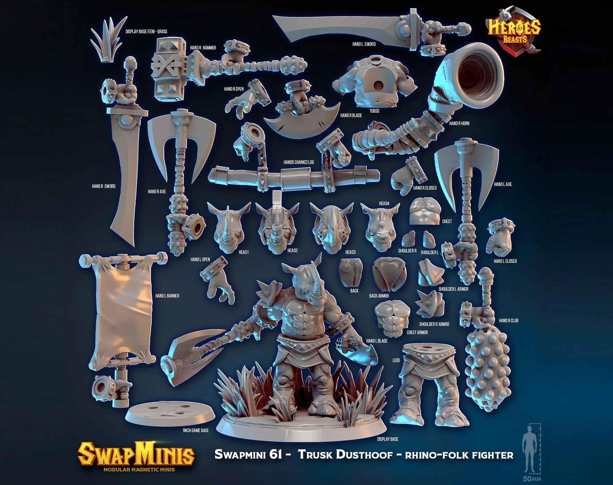 Modular RPG - Swapmini Rhinofolk Fighter - Trusk Dusthoof - Bundle modular miniature