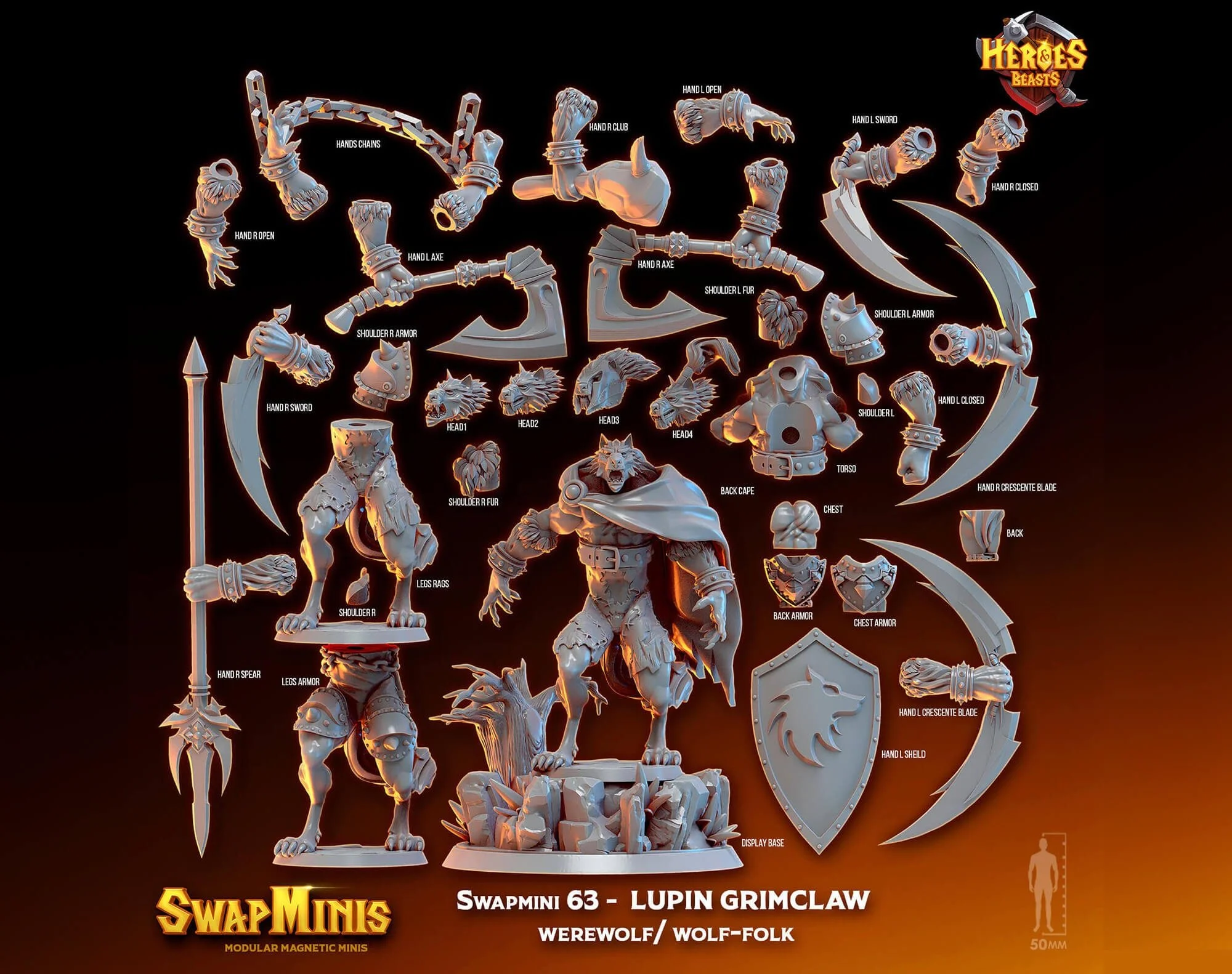 Modular RPG - Swapmini Werewolf - Lupin Grimclaw - Bundle modular miniature