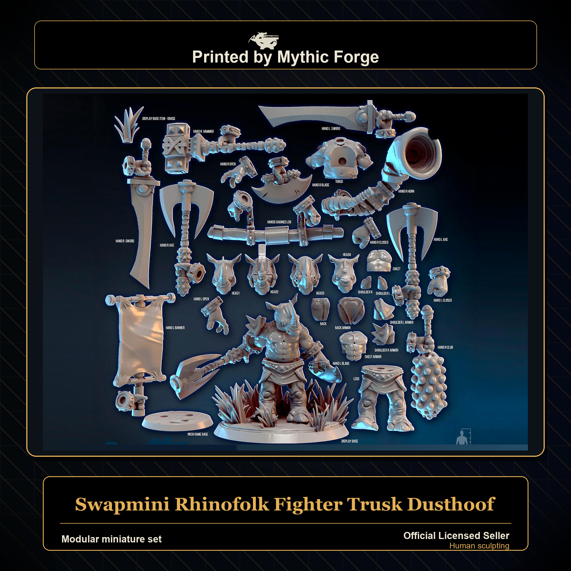 Modular RPG - Swapmini Rhinofolk Fighter - Trusk Dusthoof - Bundle modular miniature modular miniature set printed by Mythic Forge