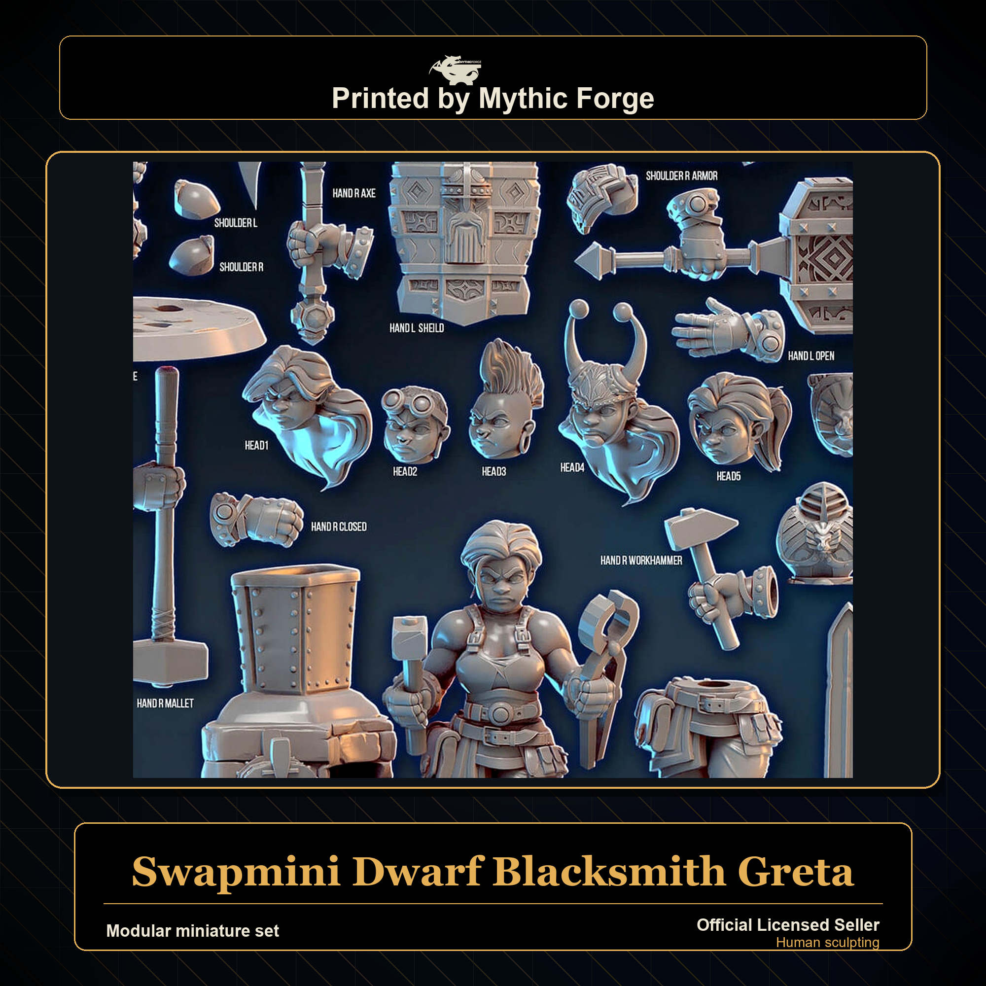 Modular RPG - Swapmini Dwarf Blacksmith - Greta - Bundle modular miniature modular miniature set printed by Mythic Forge