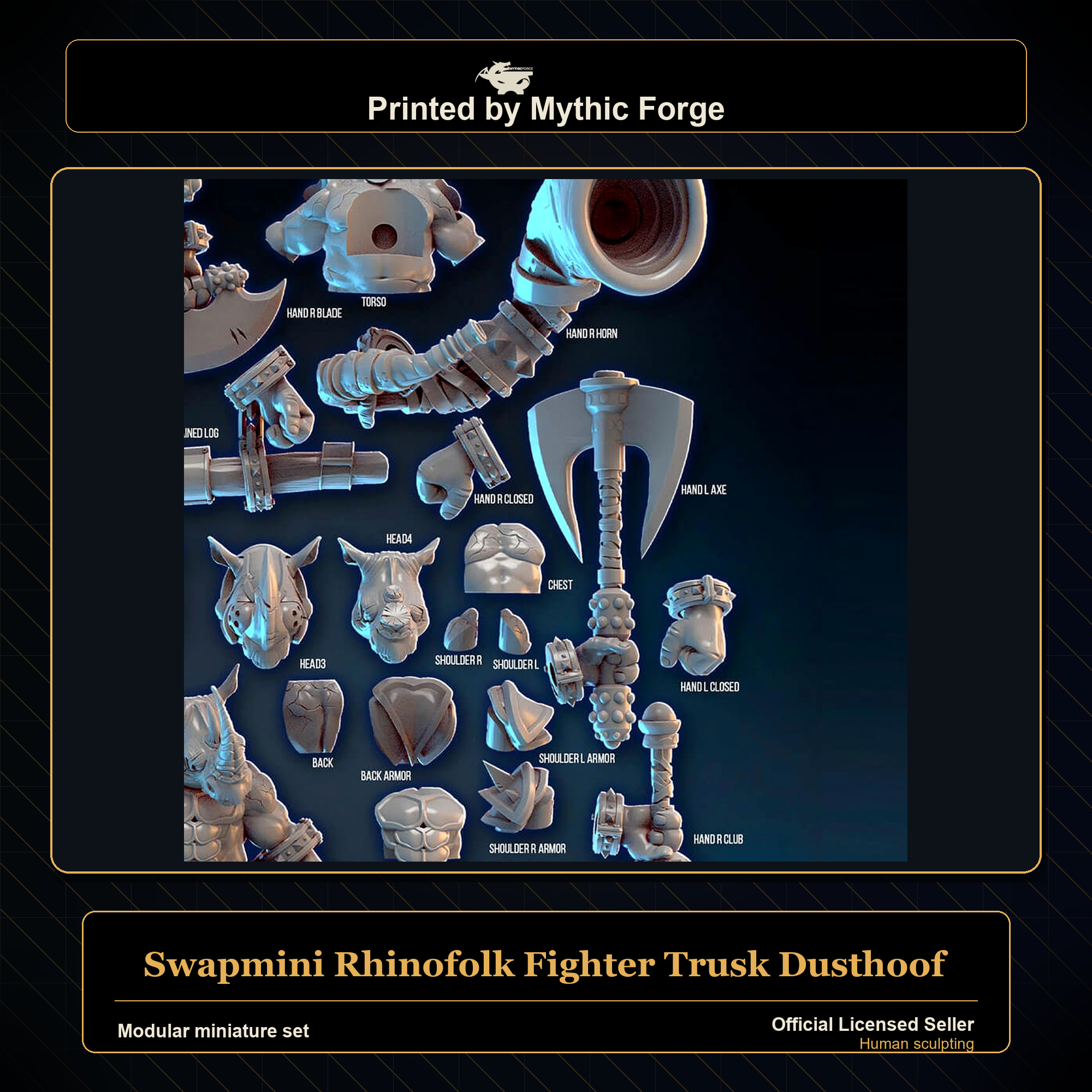 Modular RPG - Swapmini Rhinofolk Fighter - Trusk Dusthoof - Bundle modular miniature modular miniature set printed by Mythic Forge