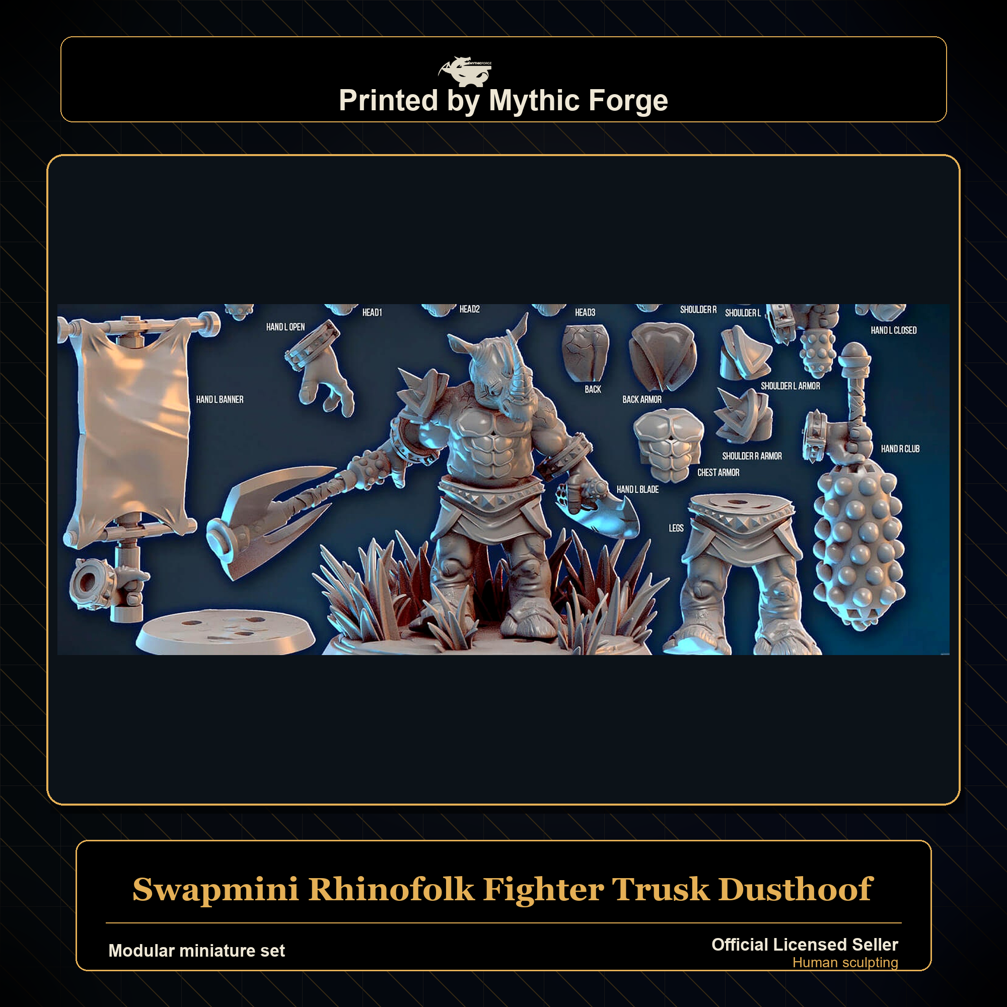 Modular RPG - Swapmini Rhinofolk Fighter - Trusk Dusthoof - Bundle modular miniature modular miniature set printed by Mythic Forge
