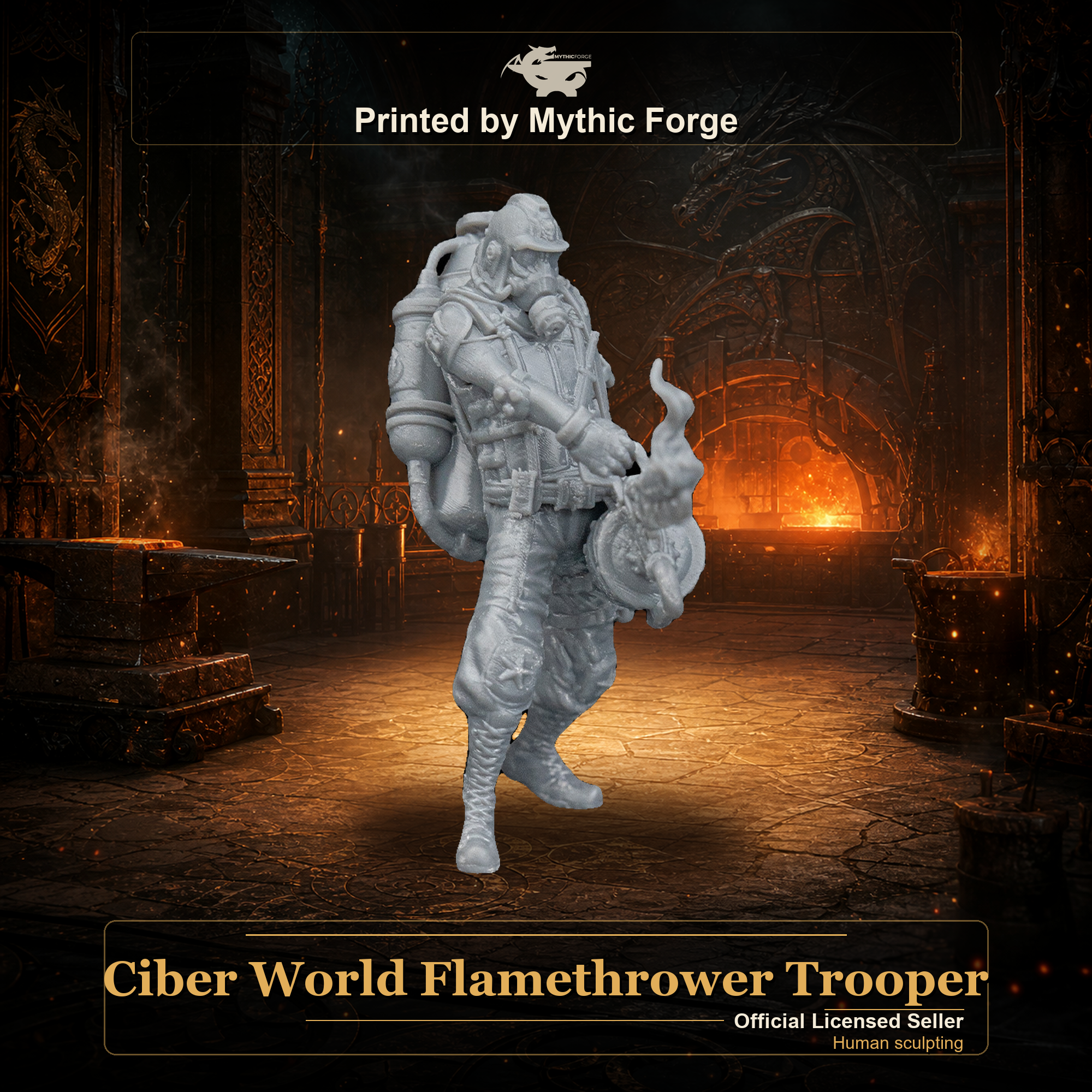 Ciber World Flamethrower Trooper printed by Mythic Forge, tabletop RPG miniature
