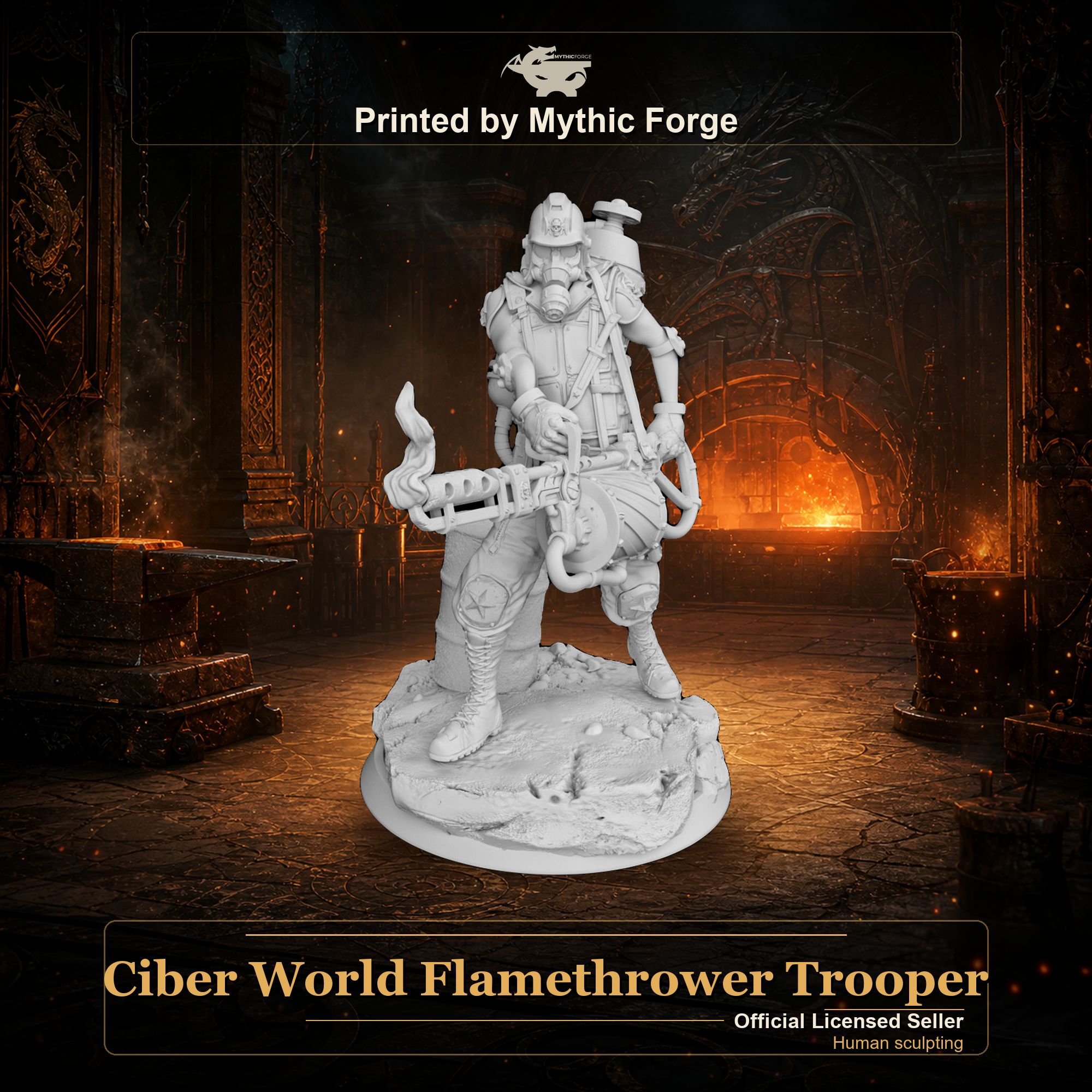 Ciber World Flamethrower Trooper printed by Mythic Forge, tabletop RPG miniature