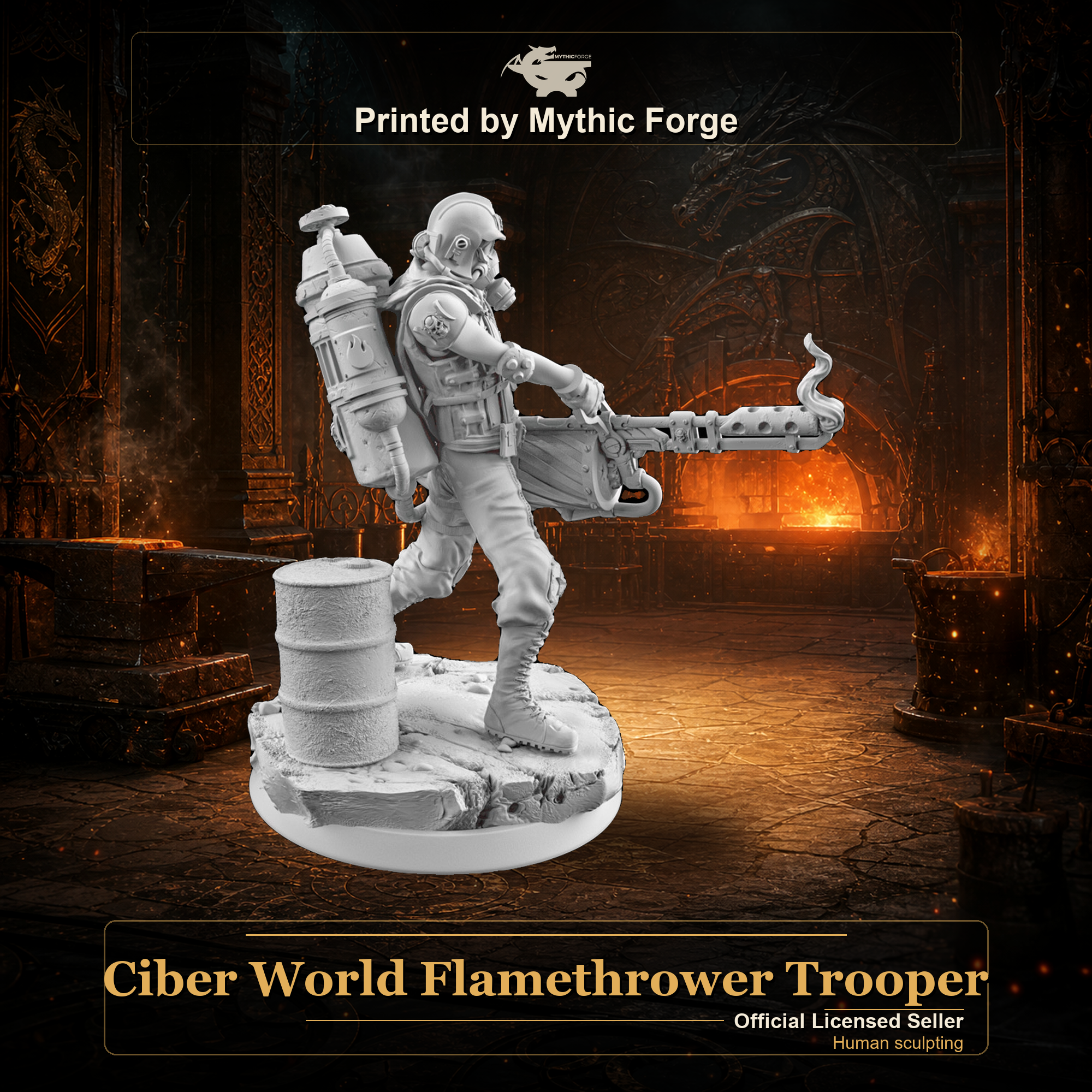 Ciber World Flamethrower Trooper printed by Mythic Forge, tabletop RPG miniature