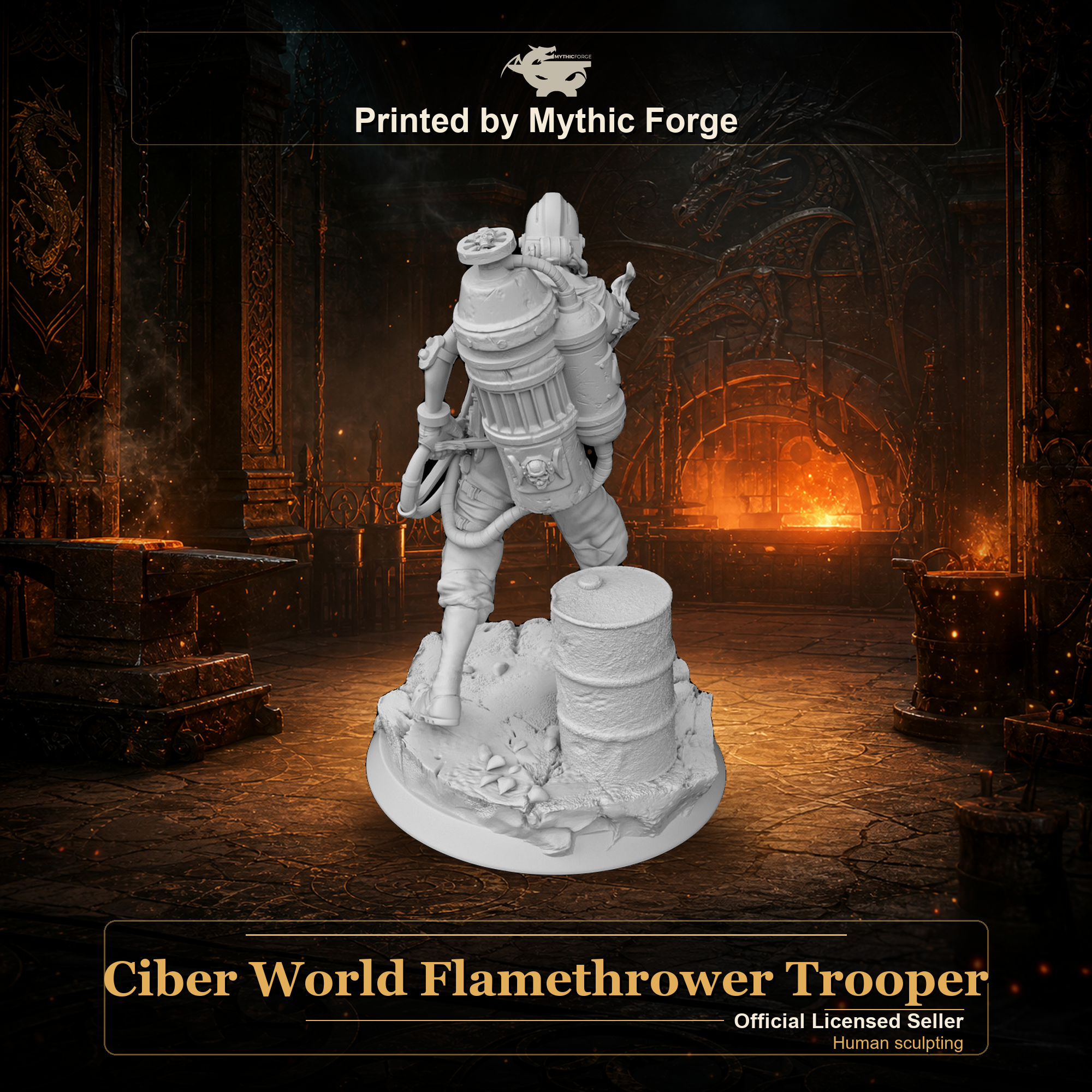 Ciber World Flamethrower Trooper printed by Mythic Forge, tabletop RPG miniature