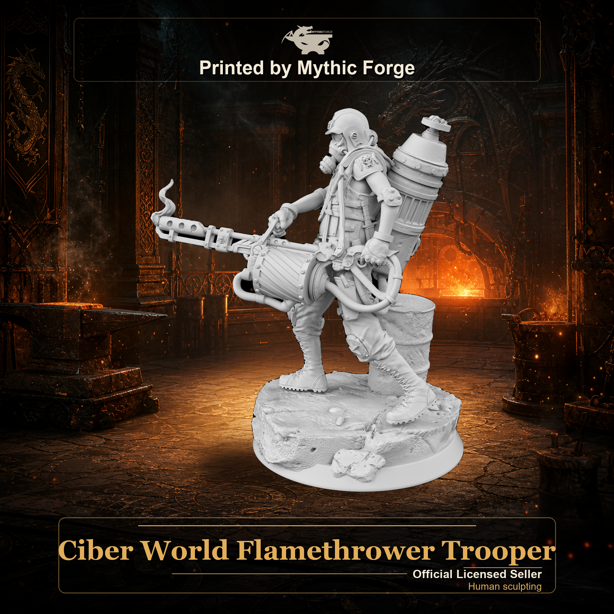 Ciber World Flamethrower Trooper printed by Mythic Forge, tabletop RPG miniature