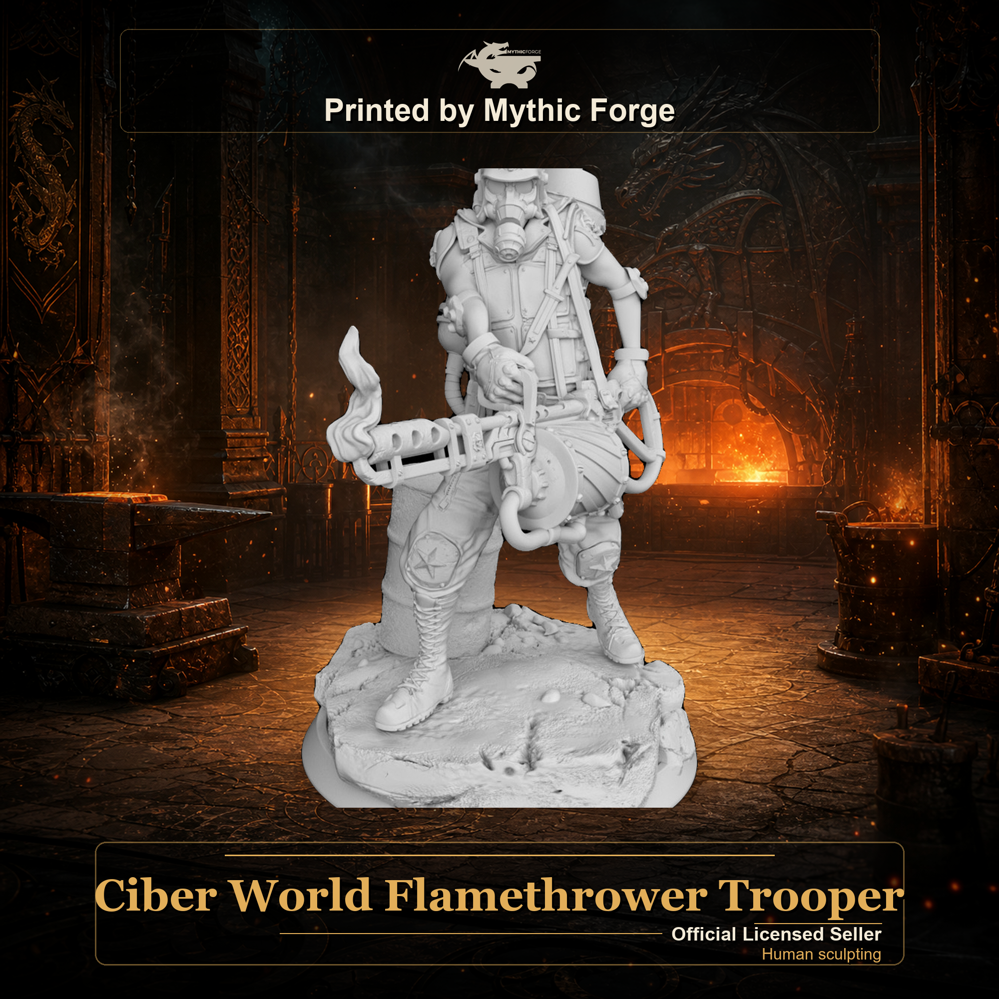 Ciber World Flamethrower Trooper printed by Mythic Forge, tabletop RPG miniature