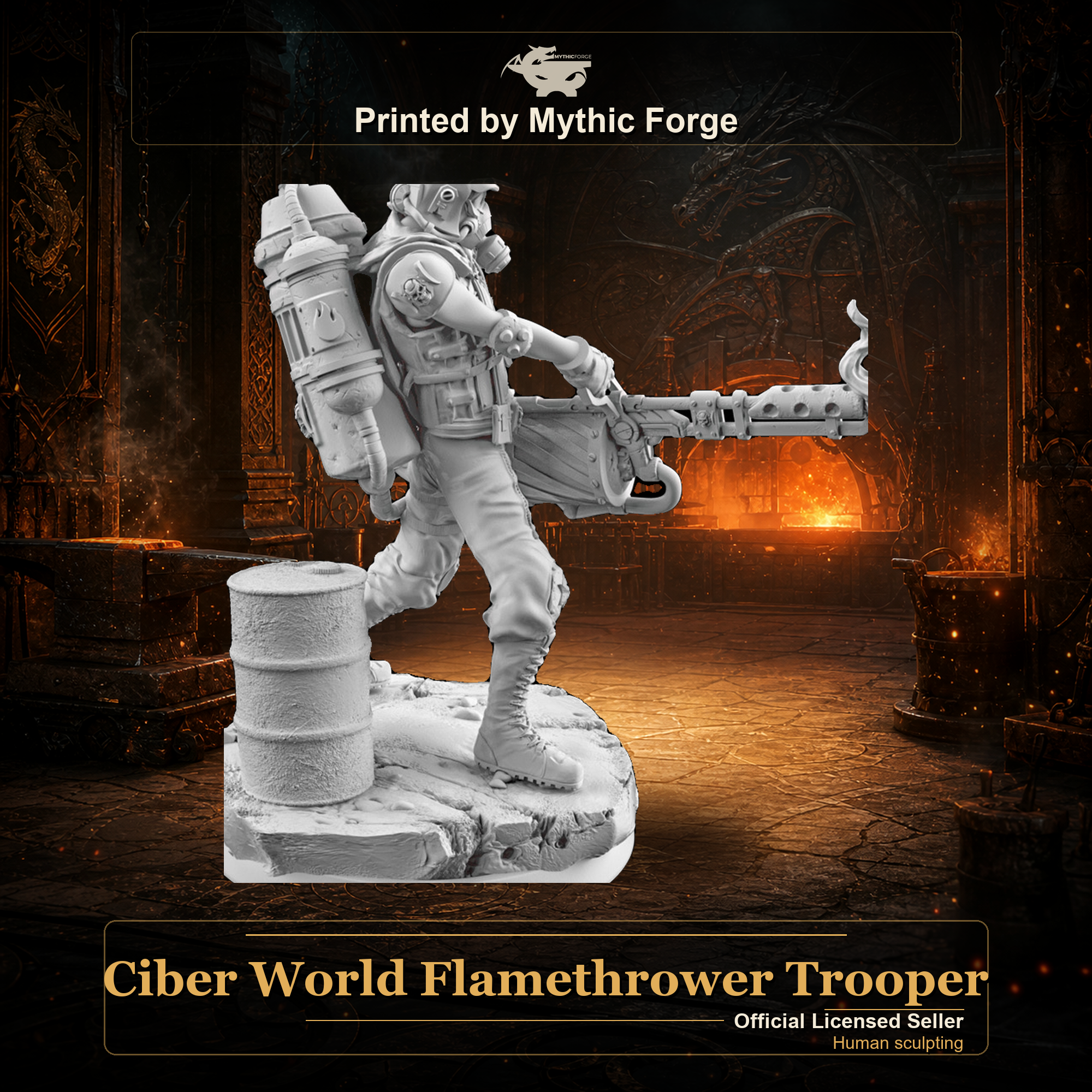 Ciber World Flamethrower Trooper printed by Mythic Forge, tabletop RPG miniature