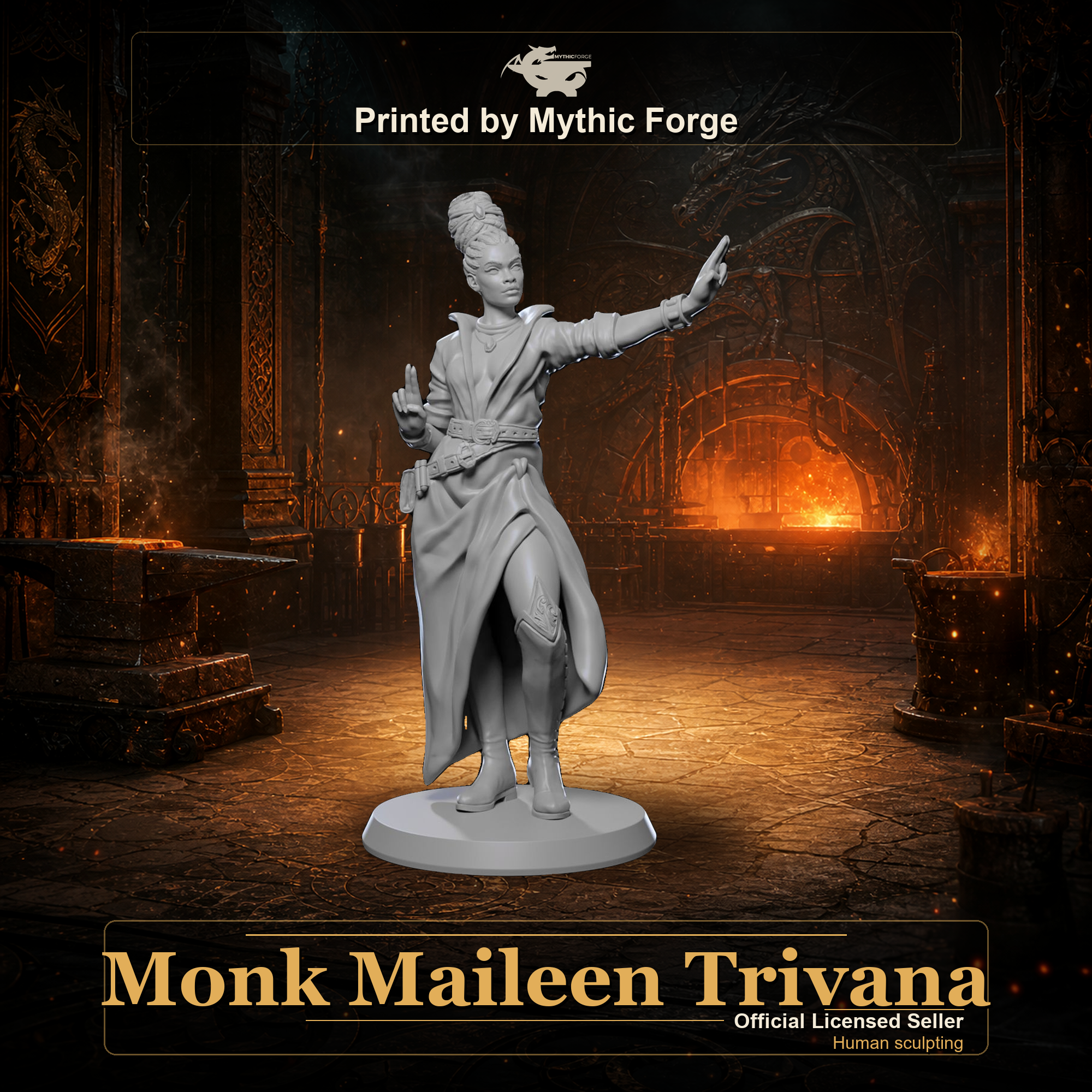 Monk Maileen Trivana printed by Mythic Forge, tabletop RPG miniature