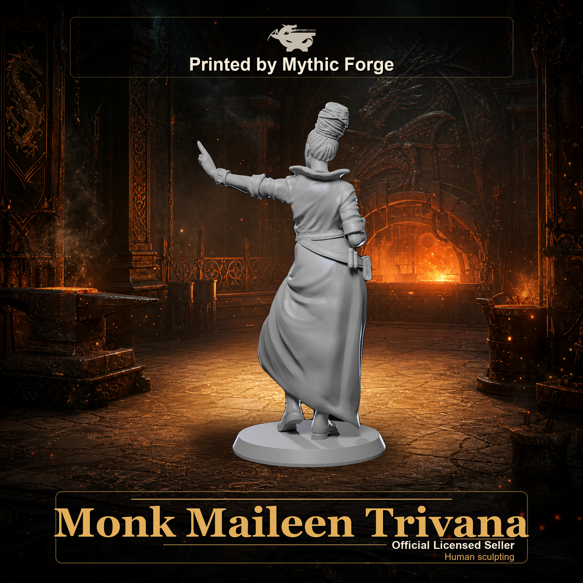 Monk Maileen Trivana printed by Mythic Forge, tabletop RPG miniature