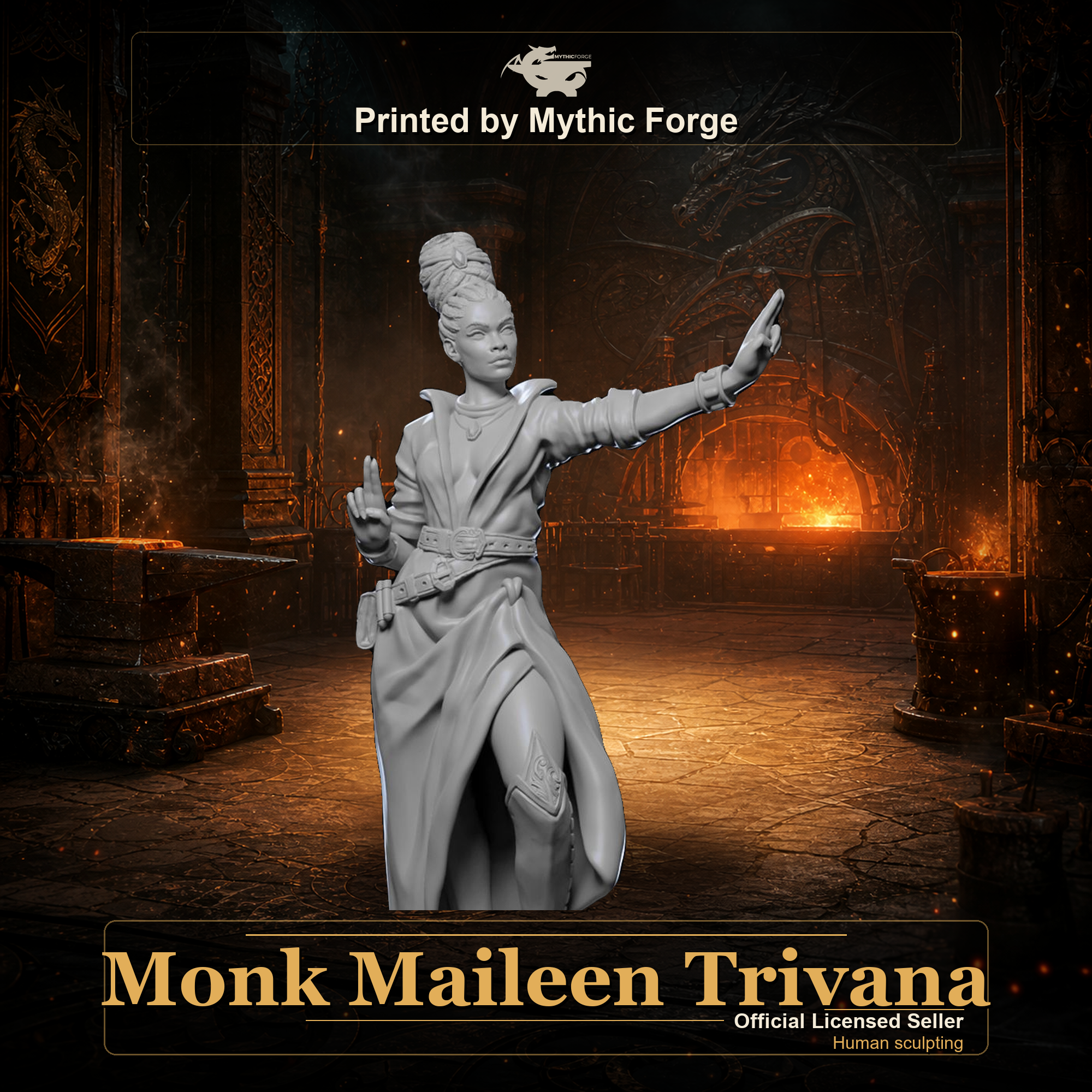 Monk Maileen Trivana printed by Mythic Forge, tabletop RPG miniature