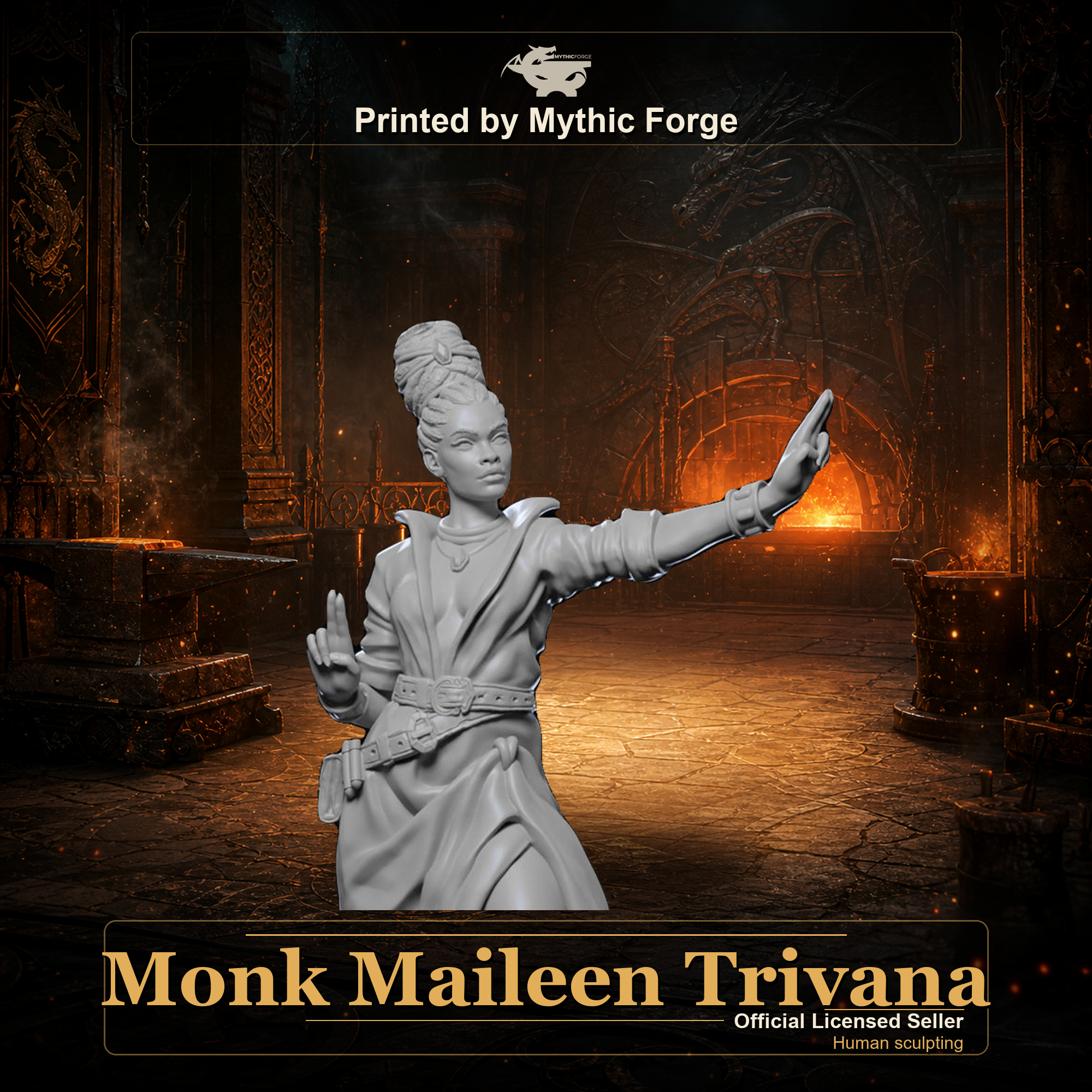 Monk Maileen Trivana printed by Mythic Forge, tabletop RPG miniature
