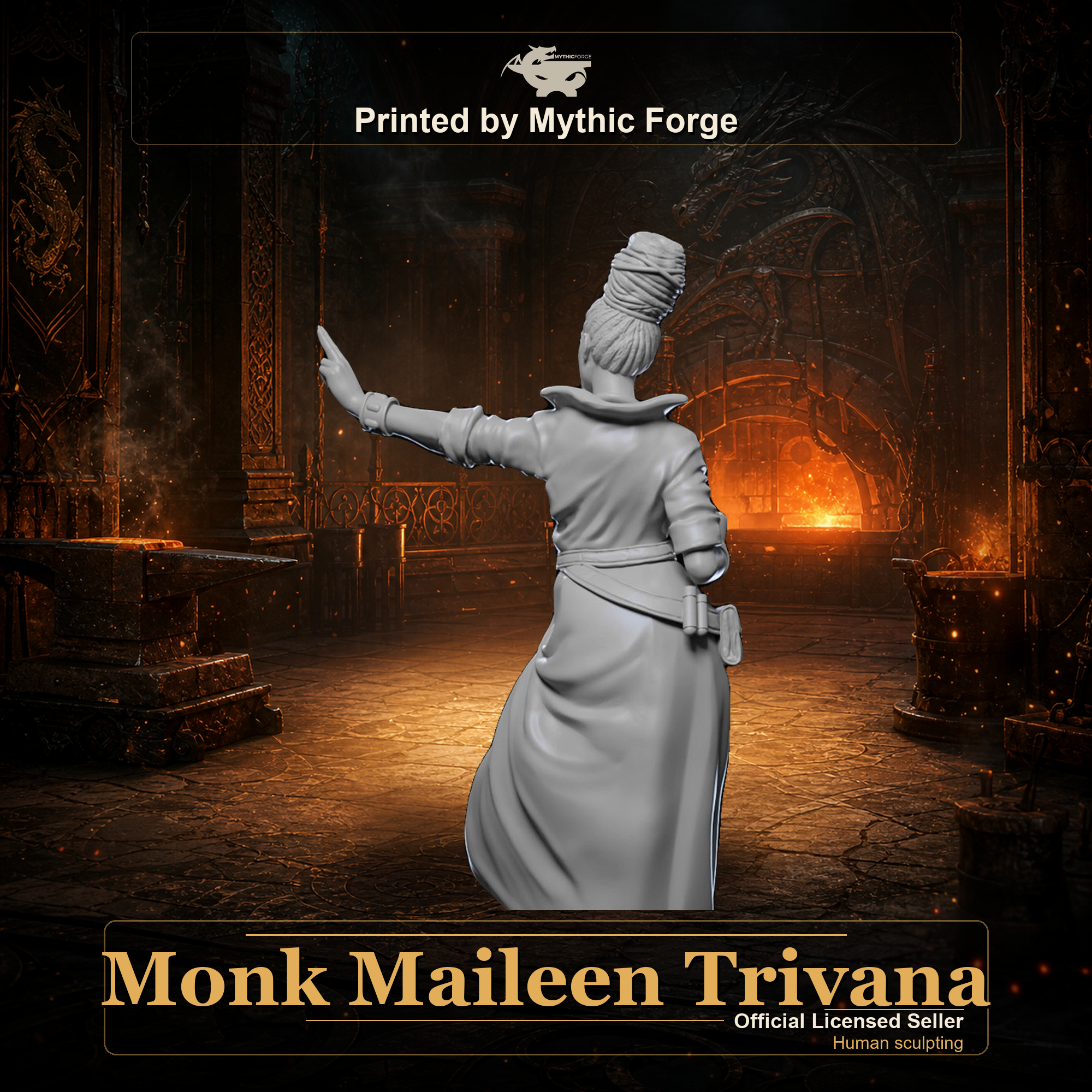 Monk Maileen Trivana printed by Mythic Forge, tabletop RPG miniature