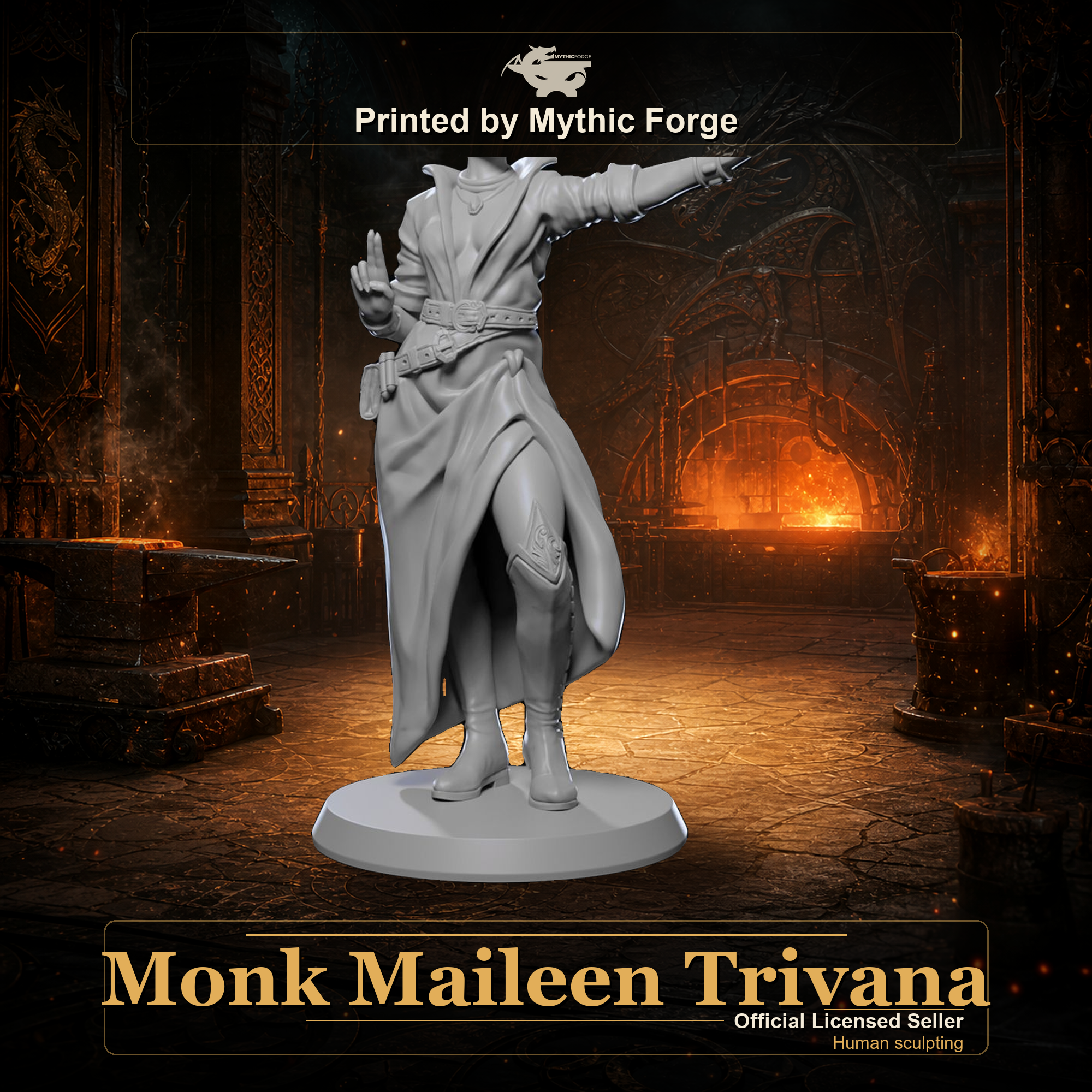 Monk Maileen Trivana printed by Mythic Forge, tabletop RPG miniature