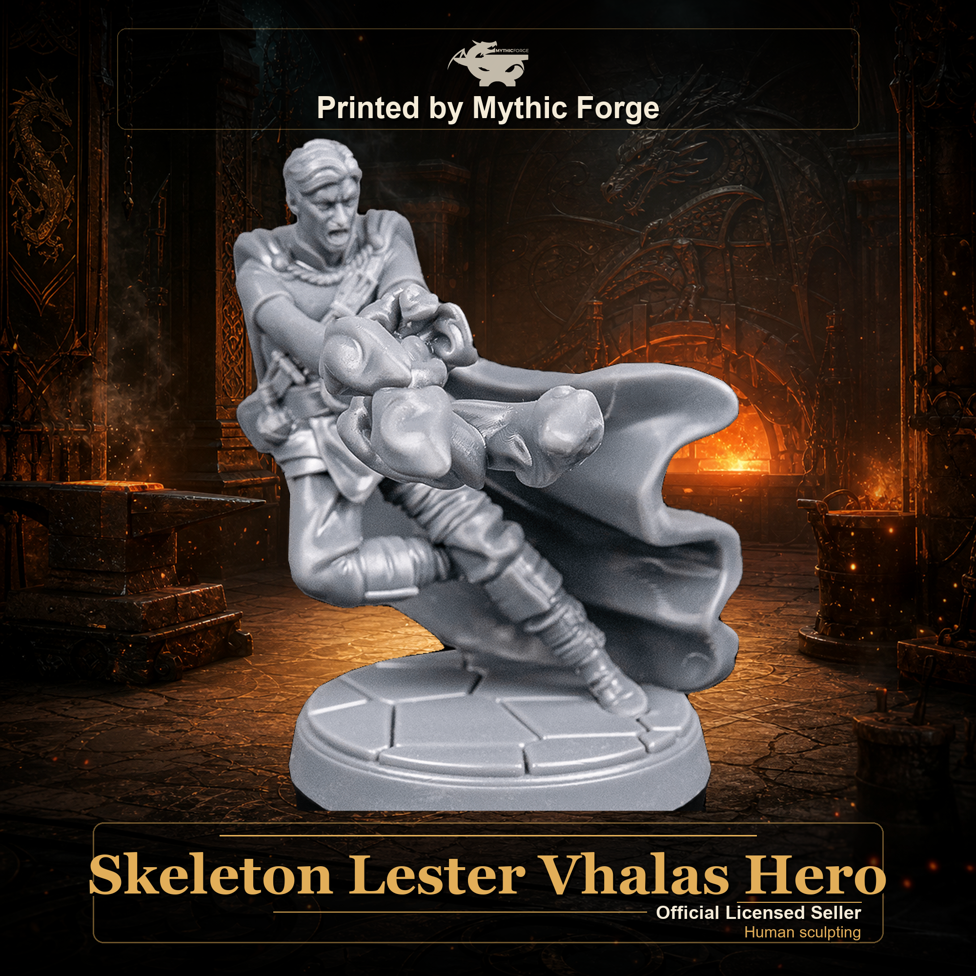 Skeleton Lester Vhalas Hero printed by Mythic Forge, tabletop RPG miniature