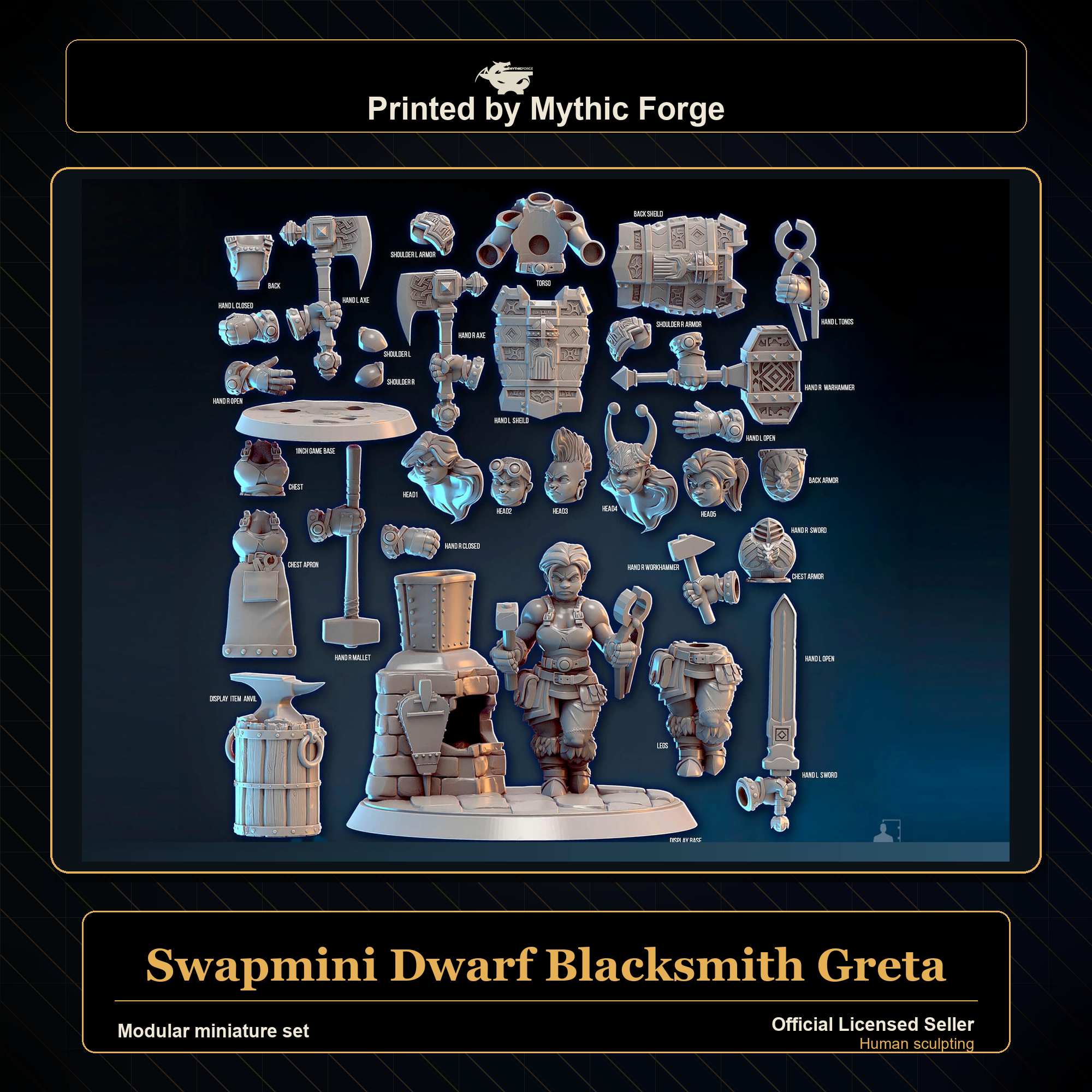 Modular RPG - Swapmini Dwarf Blacksmith - Greta - Bundle modular miniature printed by Mythic Forge