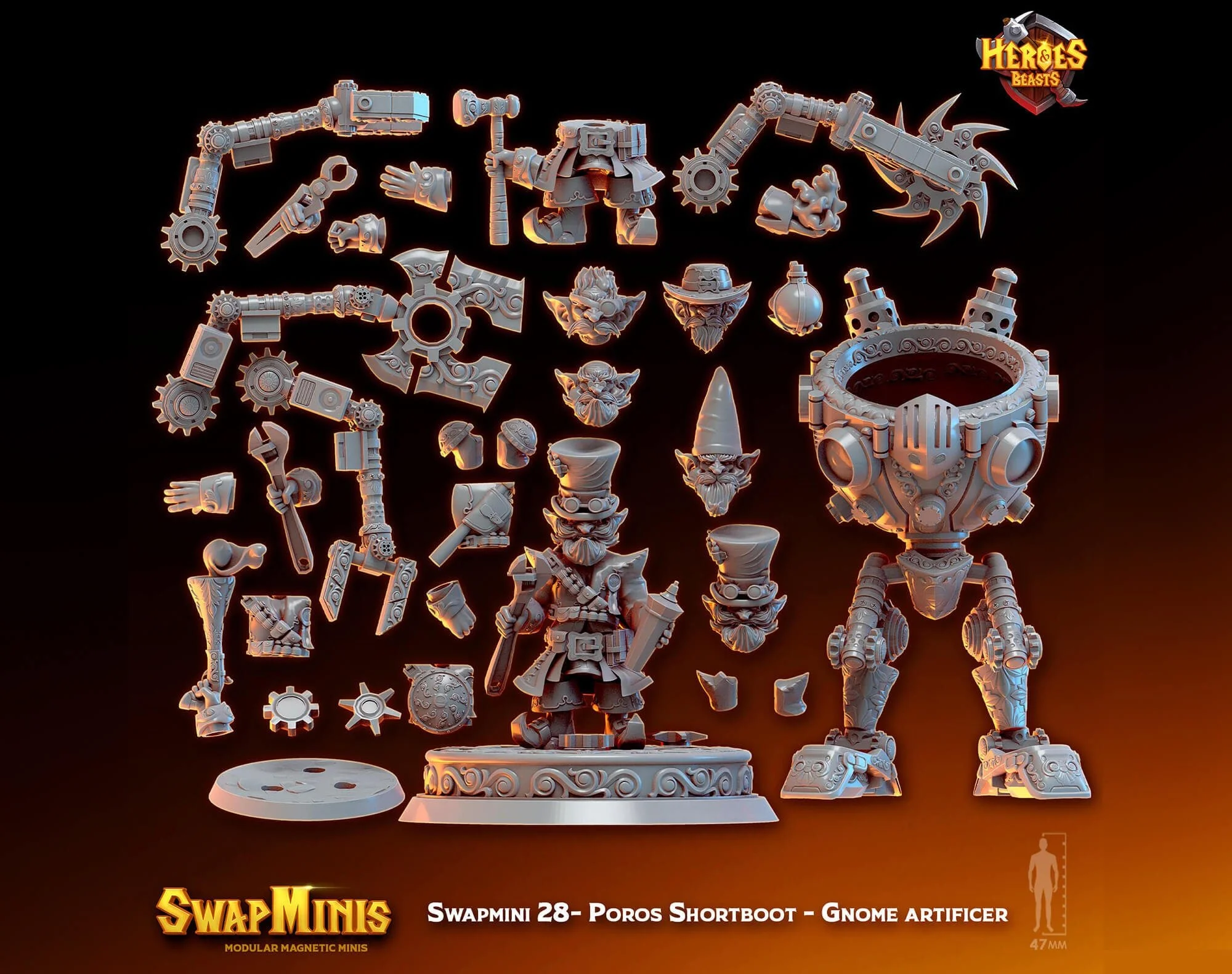 Modular RPG - Swapmini Gnome Artificer - Poros Shortboot - Bundle modular miniature printed by Mythic Forge