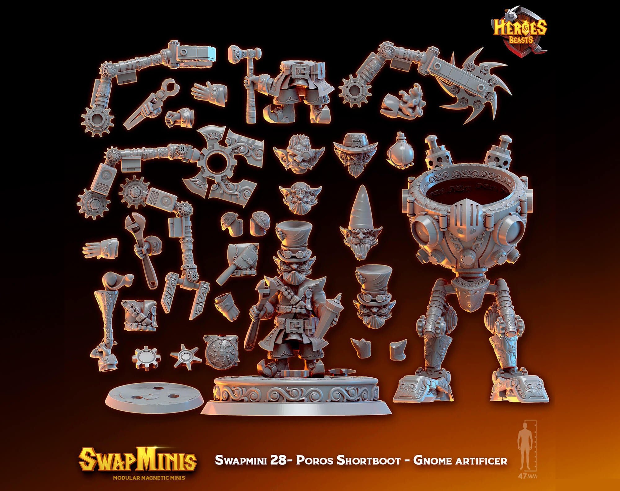Modular RPG - Swapmini Gnome Artificer - Poros Shortboot - Bundle modular miniature printed by Mythic Forge