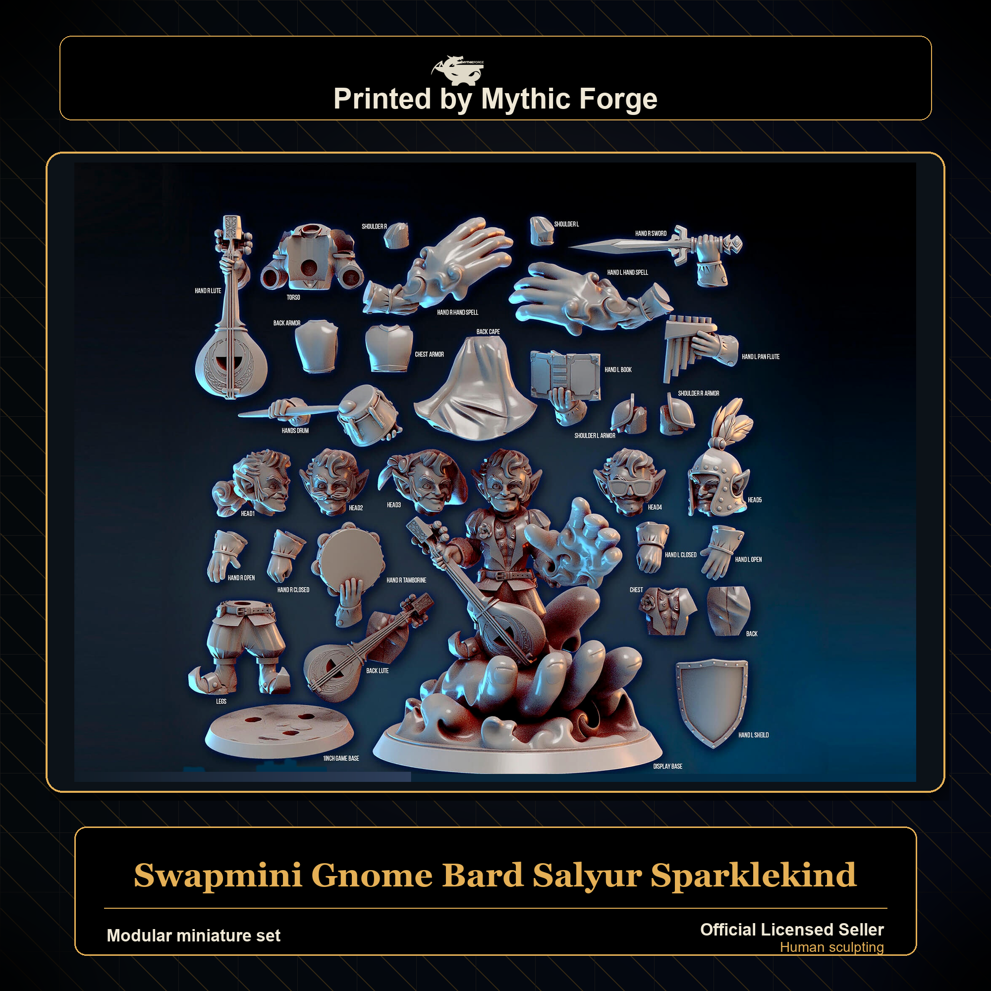 Modular RPG - Swapmini Gnome Bard - Salyur Sparklekind - Bundle modular miniature printed by Mythic Forge