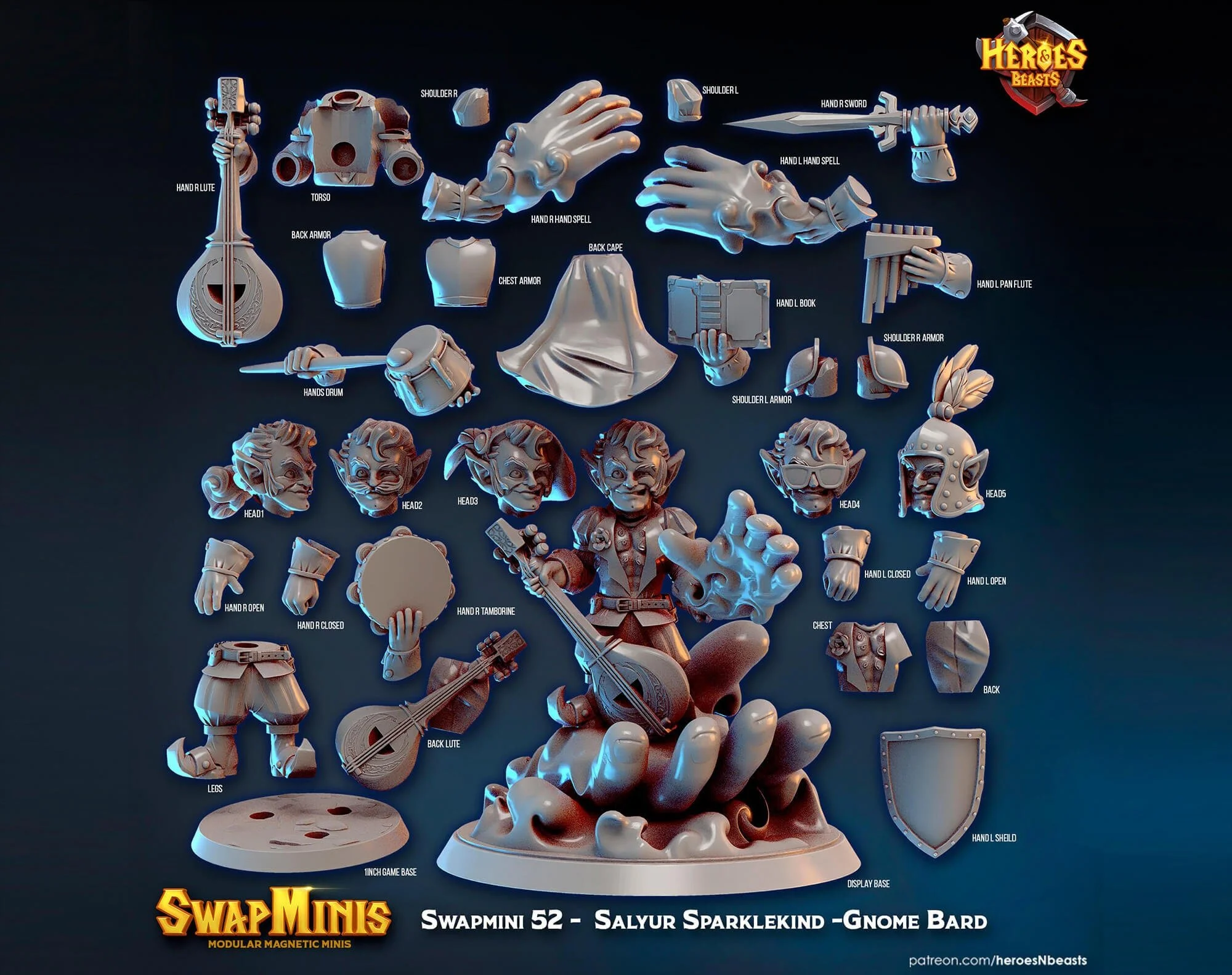 Modular RPG - Swapmini Gnome Bard - Salyur Sparklekind - Bundle modular miniature printed by Mythic Forge
