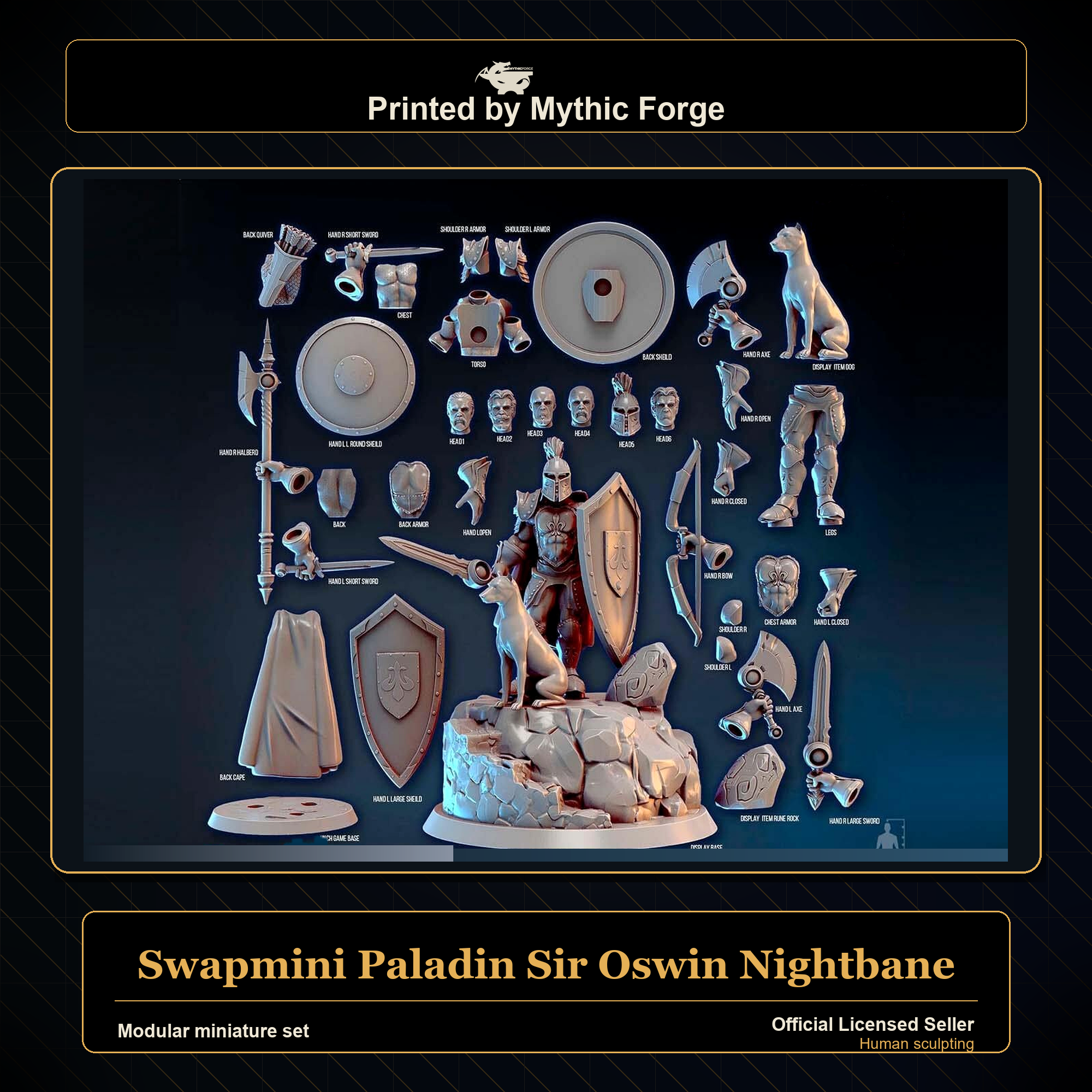 Modular RPG Miniature - Swapmini Paladin - Sir Oswin Nightbane printed by Mythic Forge