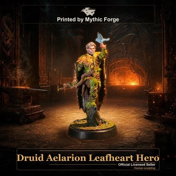 Druid Aelarion Leafheart Hero printed by Mythic Forge, tabletop RPG miniature
