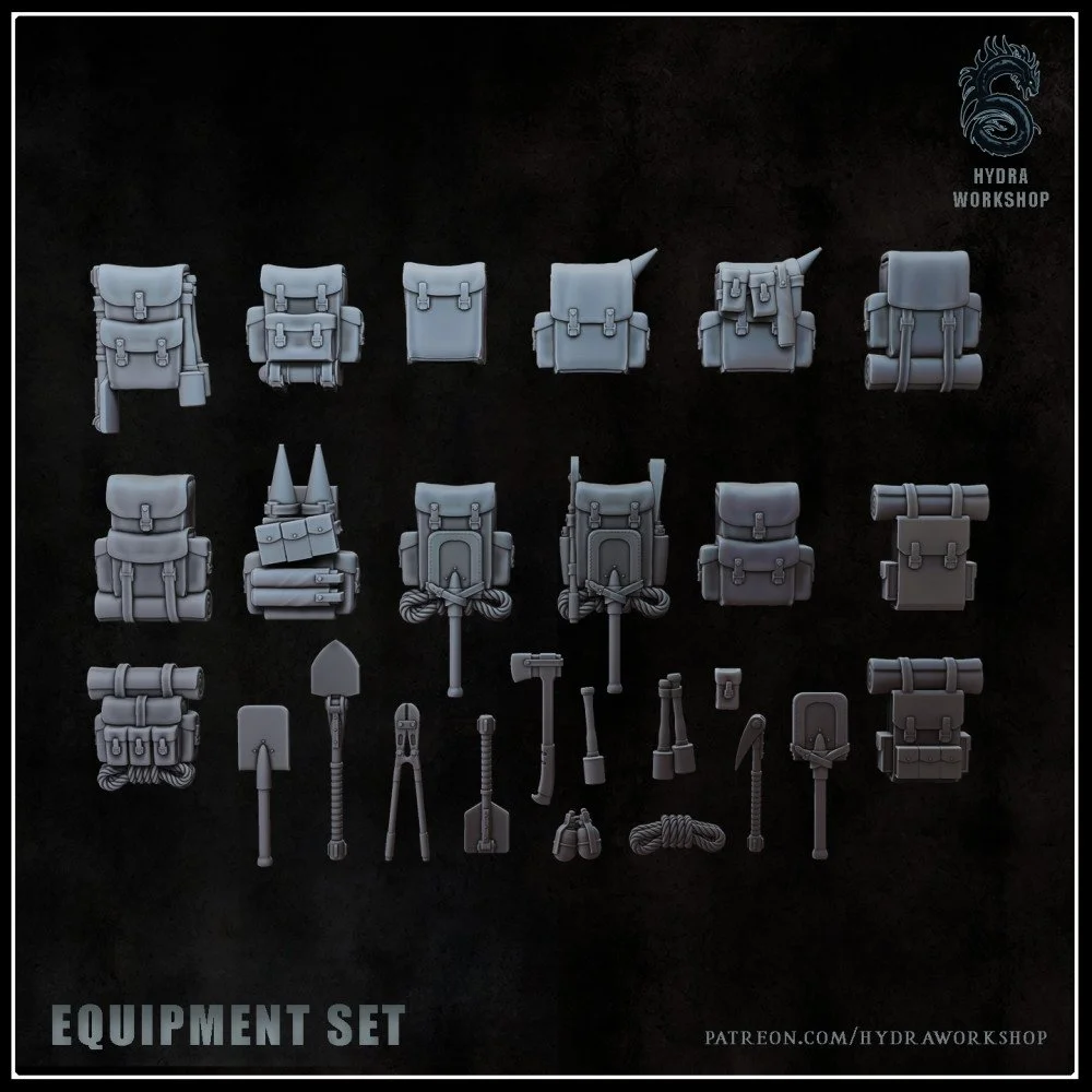 Hydra Workshop Equipment Pack with backpacks and adventuring gear for tabletop miniatures