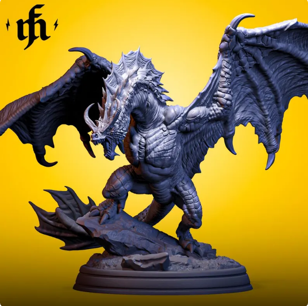 A detailed dragon figurine with large wings, sharp horns, and scales, set against a yellow background, with the letters 'fh' and lightning bolt symbols in the upper left corner.