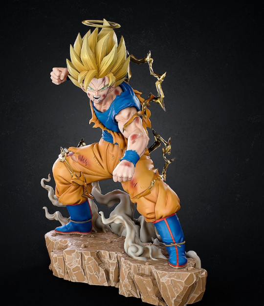 A highly detailed figure of Goku from Dragon Ball Z in Super Saiyan form, posed with clenched fists and hair standing in a golden spiky style, surrounded by lightning effects, standing on a rocky base.