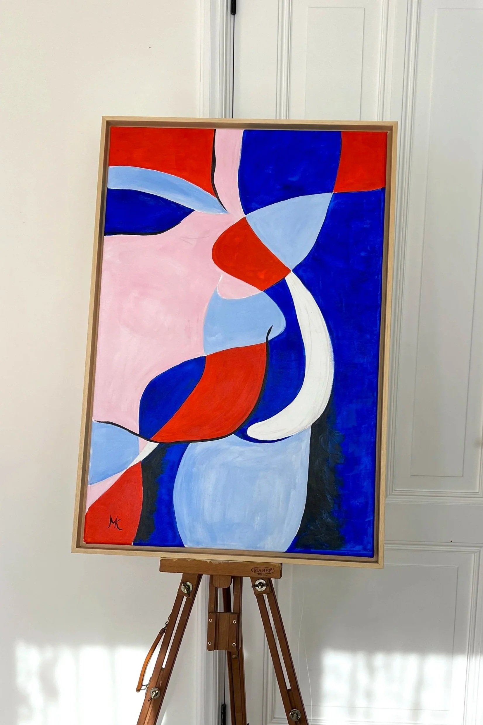 Kleurrijk figuratief en abstract schilderij van billen. Body positive Art / lichaamspositieve kunst. Van jezelf houden. Kunst zien in diversiteit lichaam. Rode, blauwe, rose en witte vlakken en zwarte lijnen.