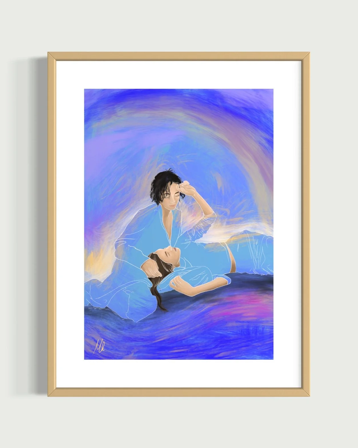 Digital artwork of two women, one lying down and the other sitting beside her, surrounded by swirling blue and purple colors.