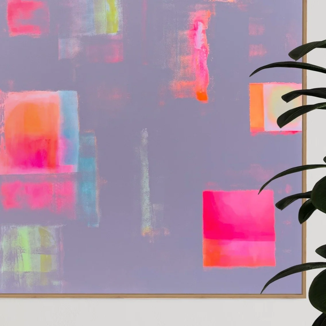 XL groot abstract kleurrijk schilderij, met vierkante en rechthoekige vormen in neon en pastel: lila, grijs, neon rose, neon oranje. Acrylverf. Schilderij kopen.