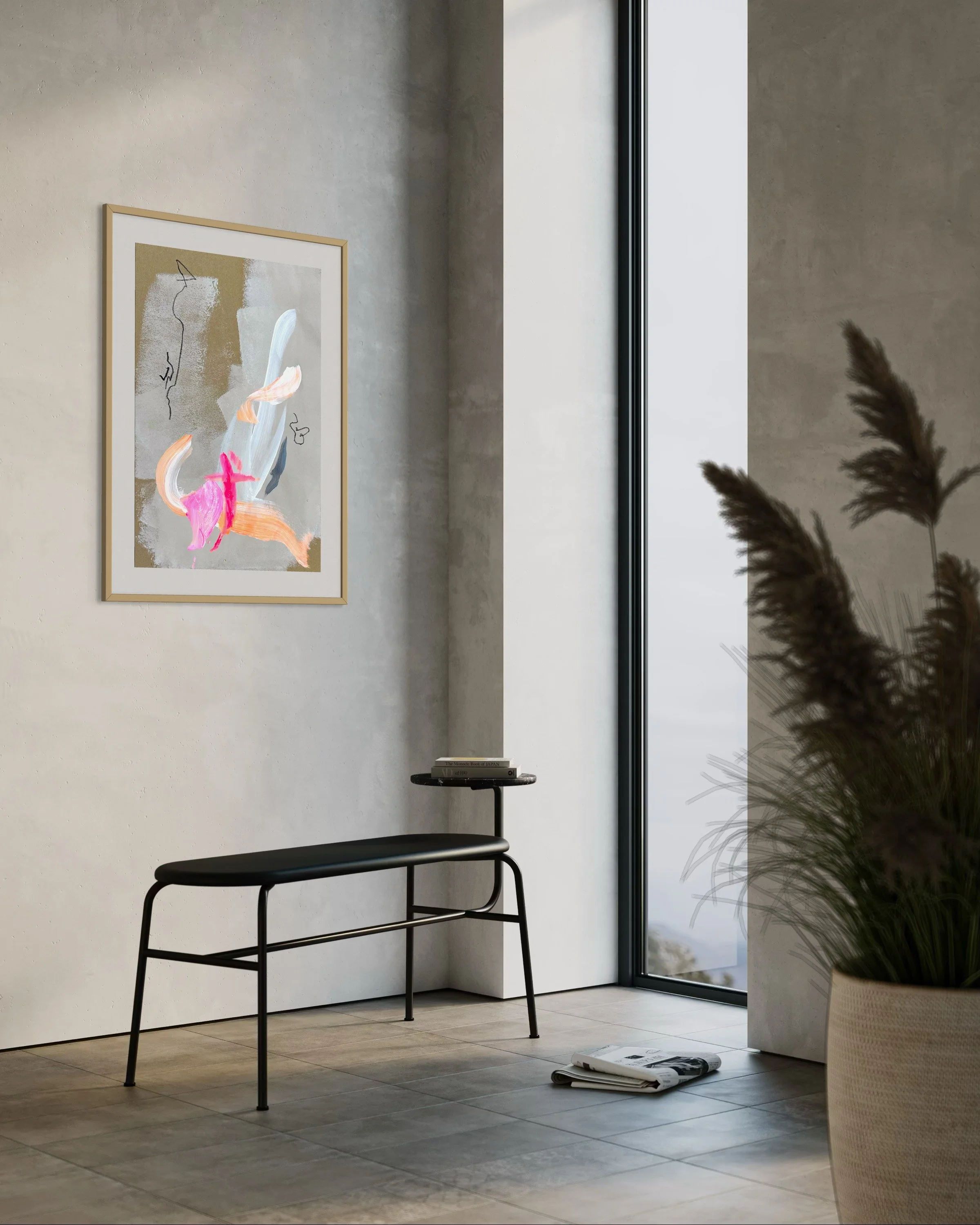 Abstracte kunst in een schilderij lijst / frame. Beige, en oranje en rose neon kleuren. Unieke kunst dat vrijheid uitstraalt