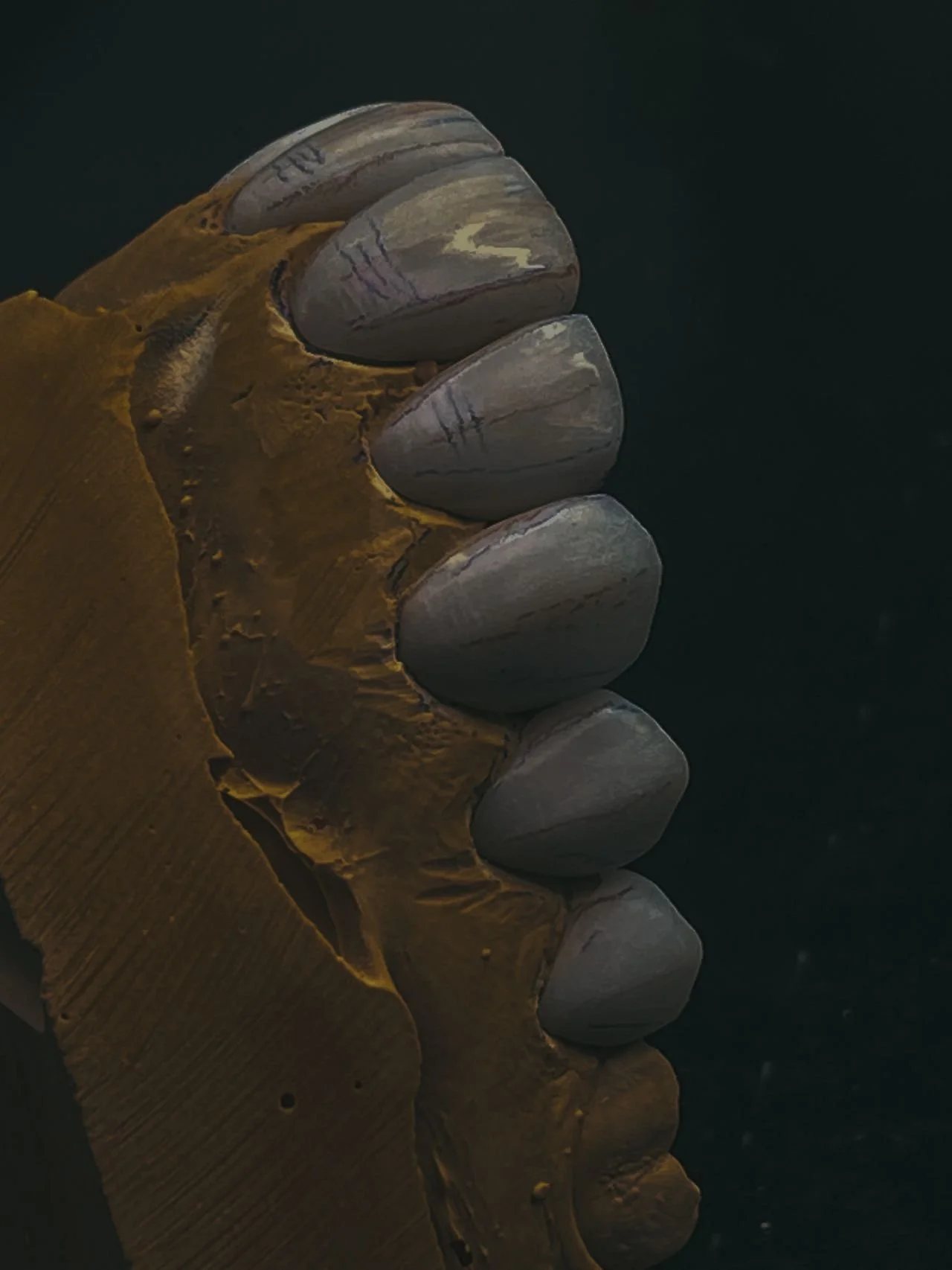 Close-up of a clapperboard with a row of gray, rounded objects, possibly stones or shells, arranged alongside it against a dark background.