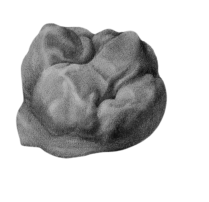 A textured stone sculpture of a curled-up sleeping dog, set against a black background.