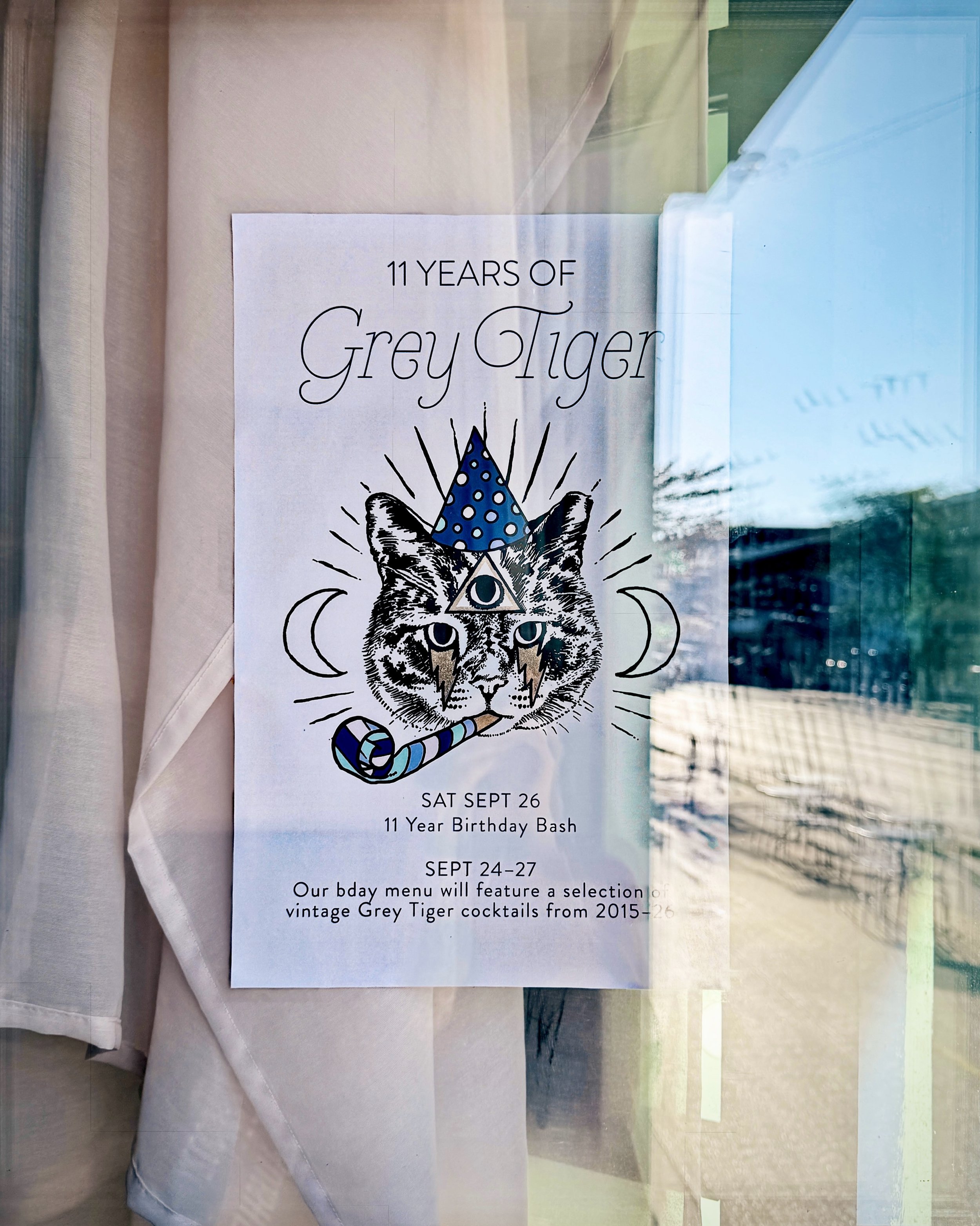 Join us this week to celebrate 11 years of Grey Tiger! From Thursday till Sunday, we&rsquo;ll be serving a selection of vintage GT cocktails from 2015&ndash;26. Saturday the 26th is the big bash. Call your pals and head on over! 💖

&mdash;&mdash;&md