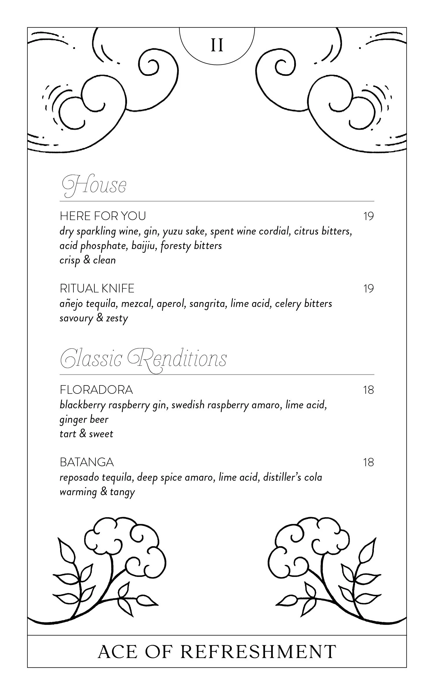 Menu page for Grey Tiger Cocktail Bar. Refreshing house cocktails and classic cocktails.