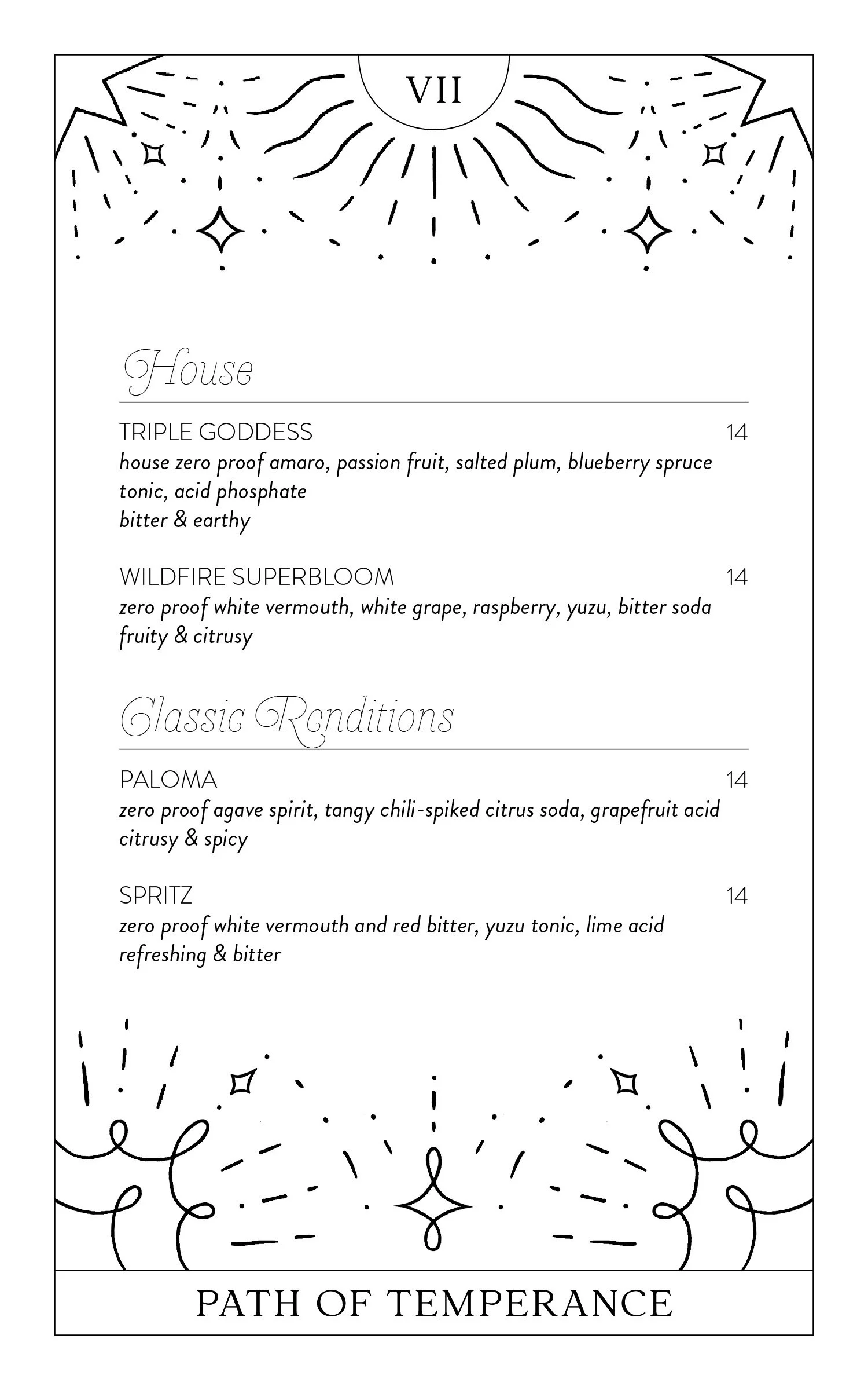 Menu page for Grey Tiger Cocktail Bar. Non-alcoholic house mocktails and classic mocktails.