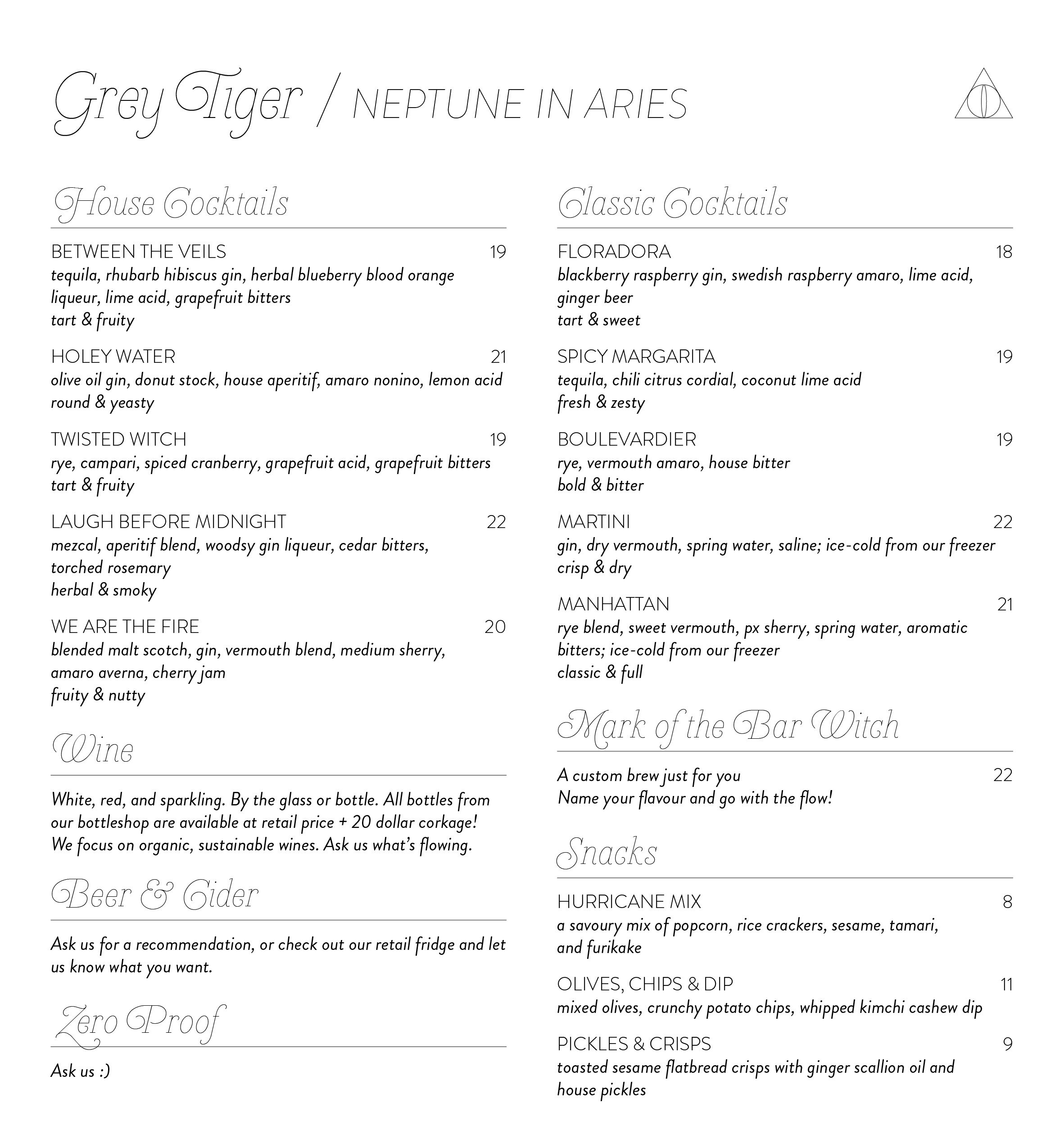 Grey Tiger Cocktail Bar menu featuring house cocktails, classic cocktails, wine, beer, cider, non-alcoholic drinks, and vegan plant-based snacks