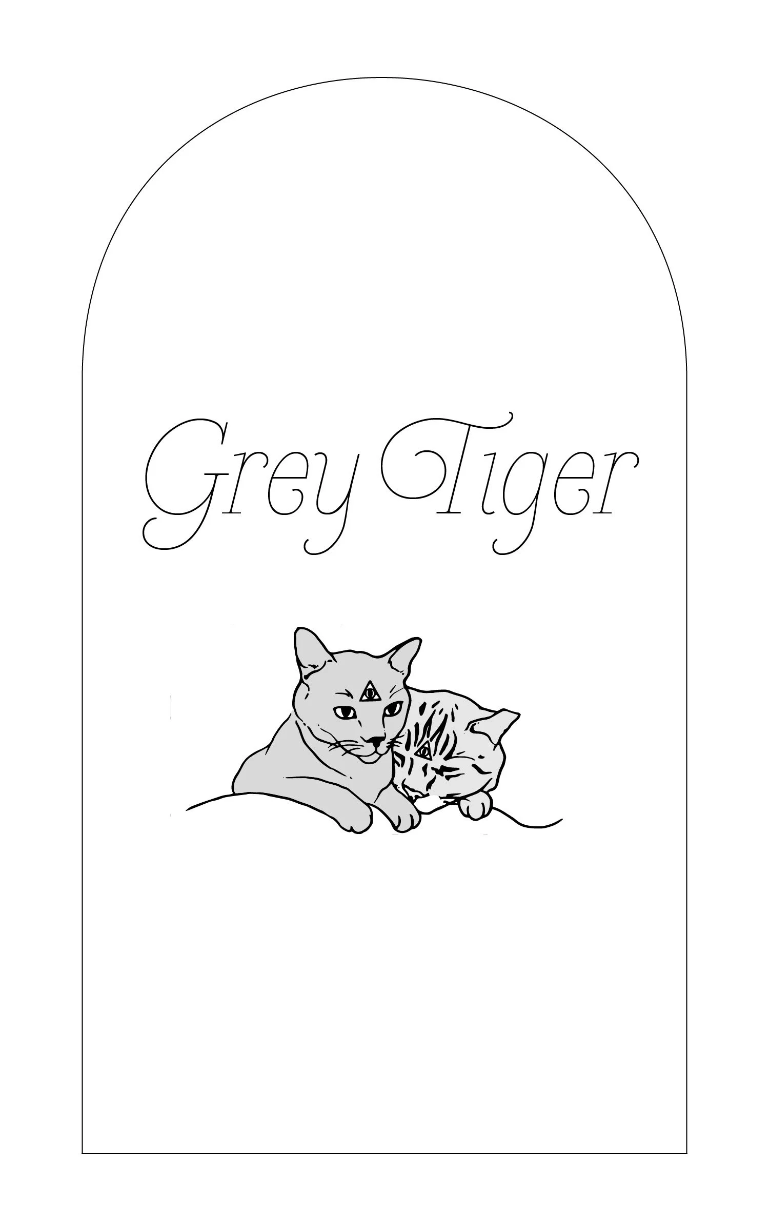 Menu cover for Grey Tiger cocktail bar, featuring an illustration of a grey tabby cat snuggling into a solid grey cat; both have third eyes located on their foreheads.