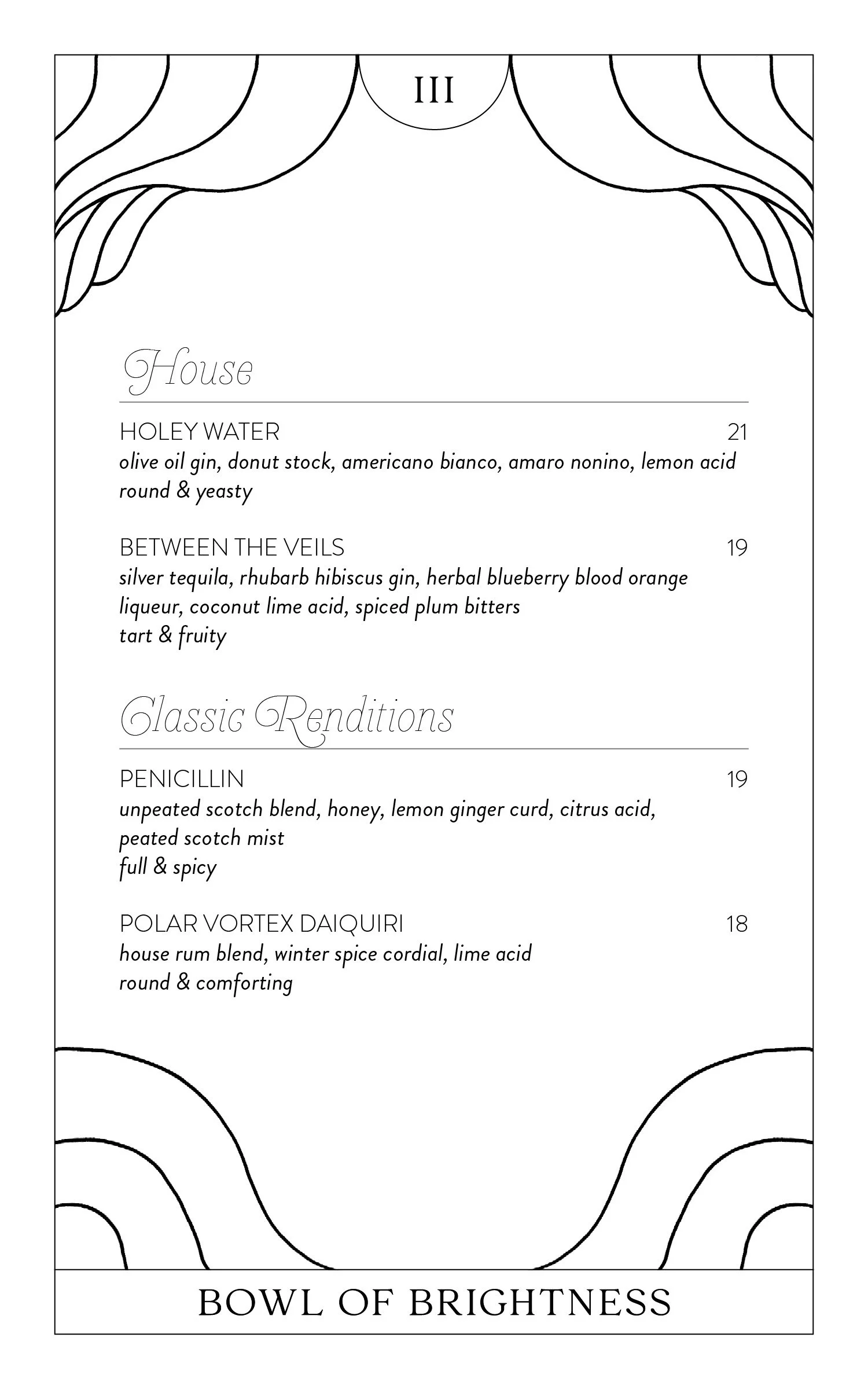 Menu page for Grey Tiger Cocktail Bar. Bright, sour house cocktails and classic cocktails.