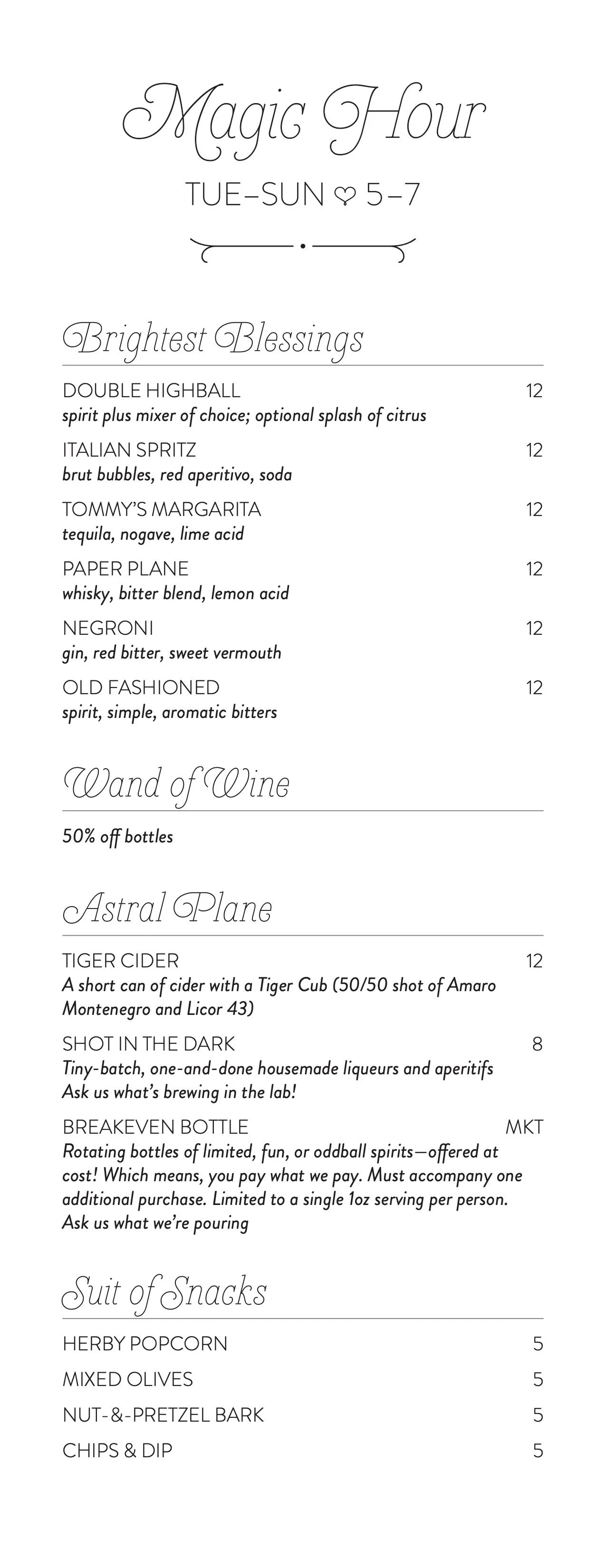 Grey Tiger Cocktail Bar's Happy Hour menu, featuring $12 classic cocktails, 50% off wine bottles, vegan plant-based snacks and other deals